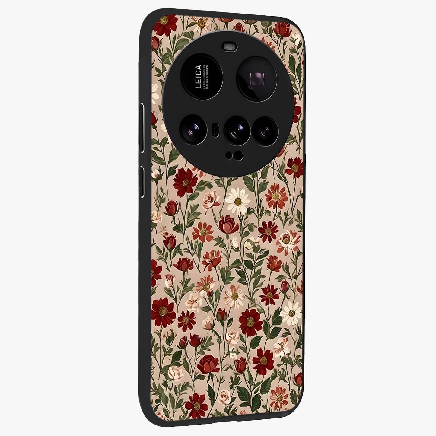 Biege Flower With Leaf Glass Case upright view showcasing delicate beige flower illustration with clean botanical style.