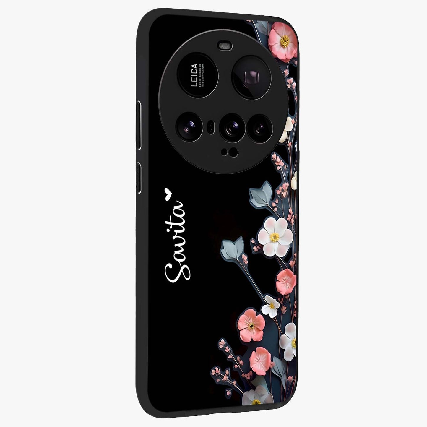 Black Elegance Floral Custom Name Glass Case upright view showcasing luxurious black floral design with personalized name detail.