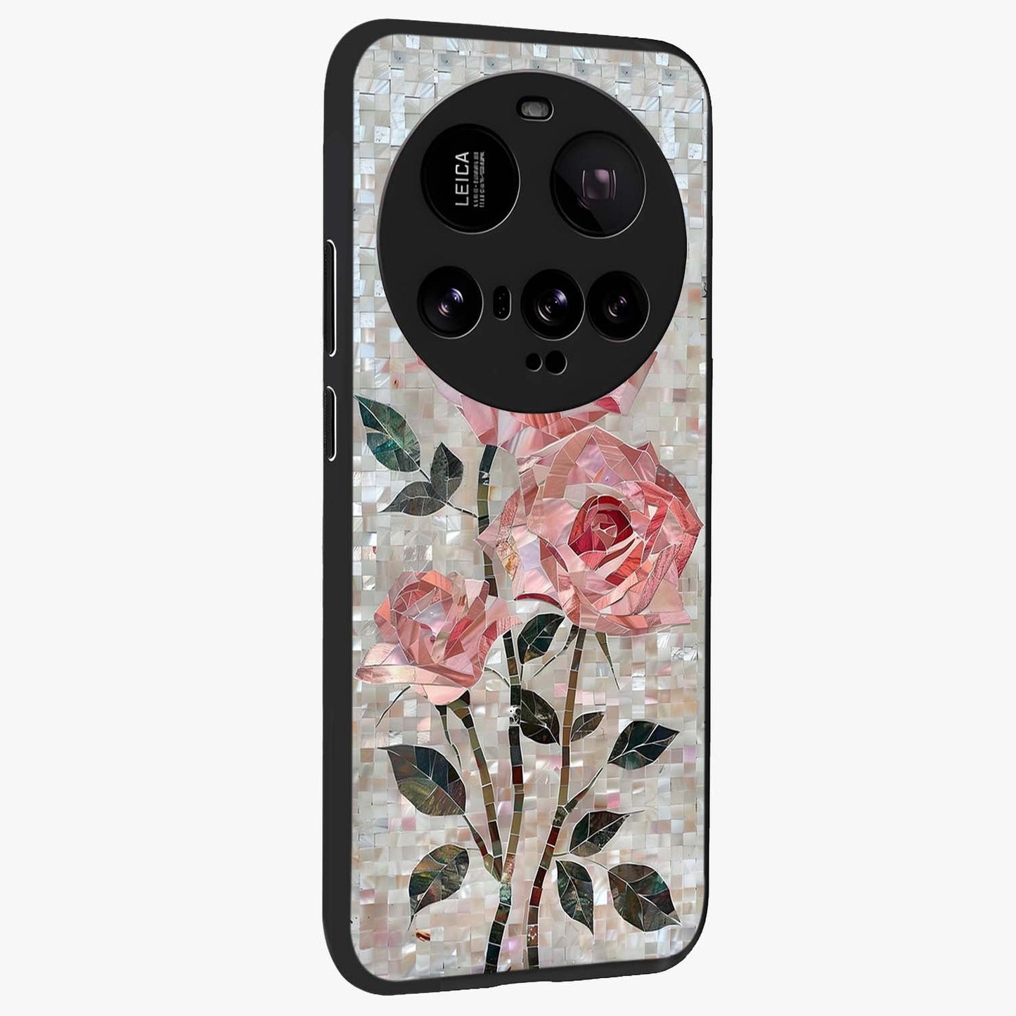 Blush Mosaic Bloom Glass Case upright view showcasing decorative floral mosaic artwork with stylish modern aesthetic.