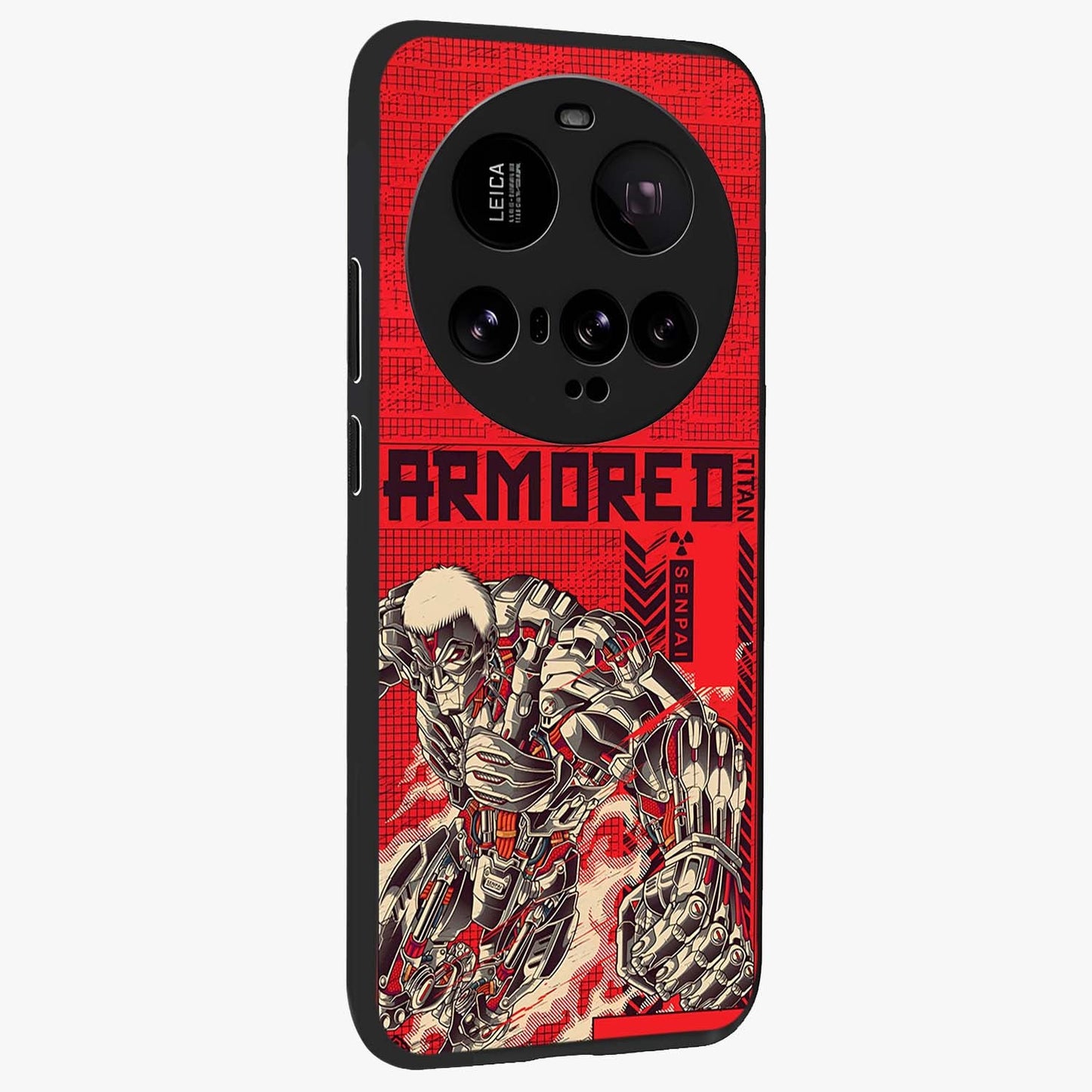 Crimson Mecha Titan Glass Case upright view showcasing dynamic robotic titan design with sci-fi inspired theme.