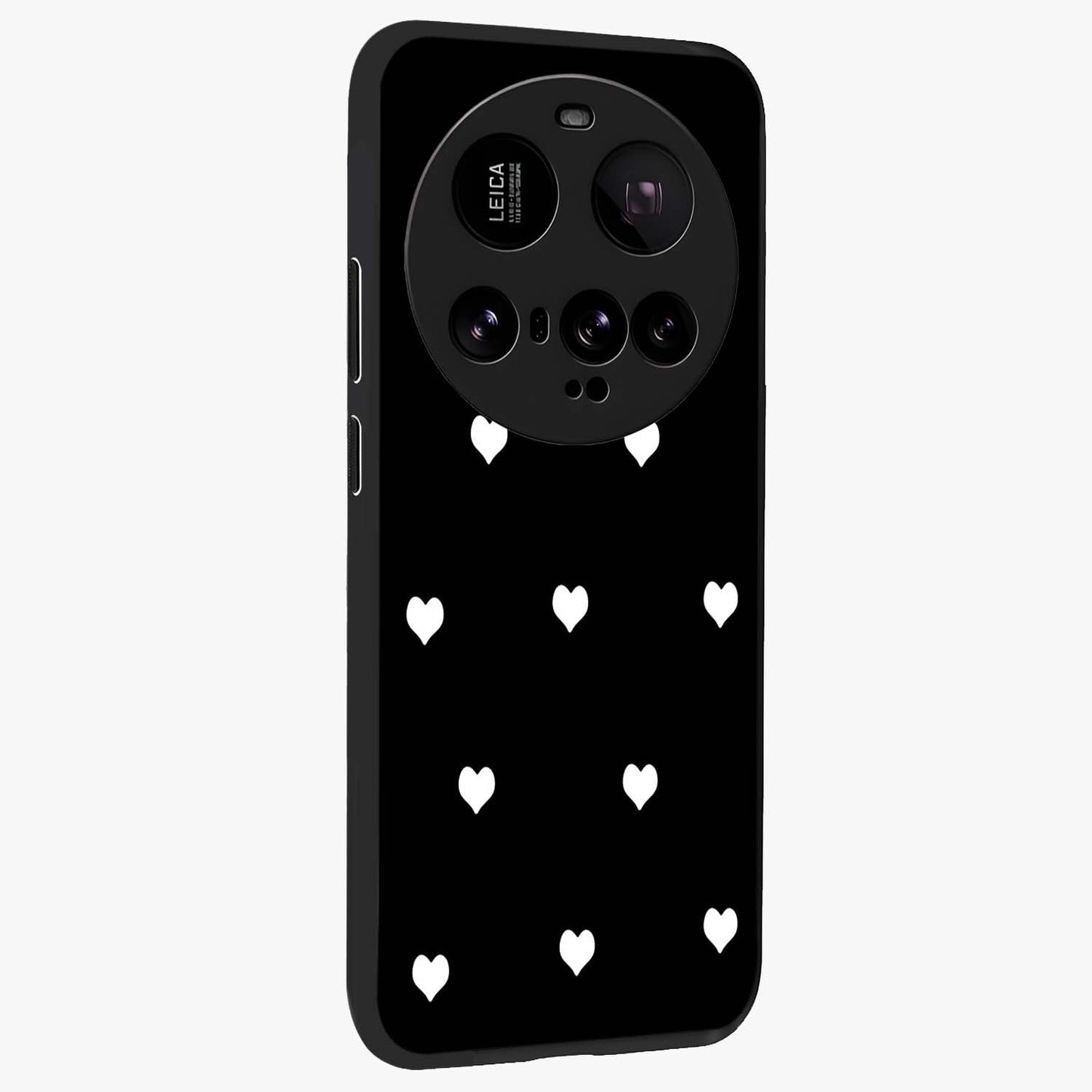 Cute And Simple White Hearts Glass Case upright view showcasing simple white hearts artwork with soft minimal theme.