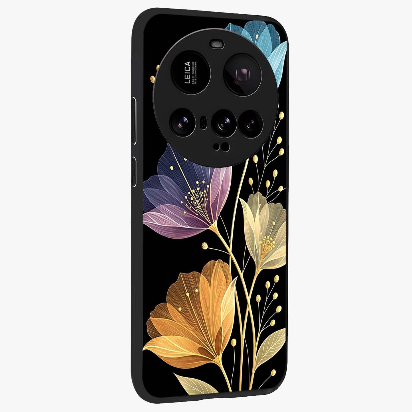 Delicate Multicolor Flowers Glass Case upright view showcasing delicate floral artwork with bright botanical theme.
