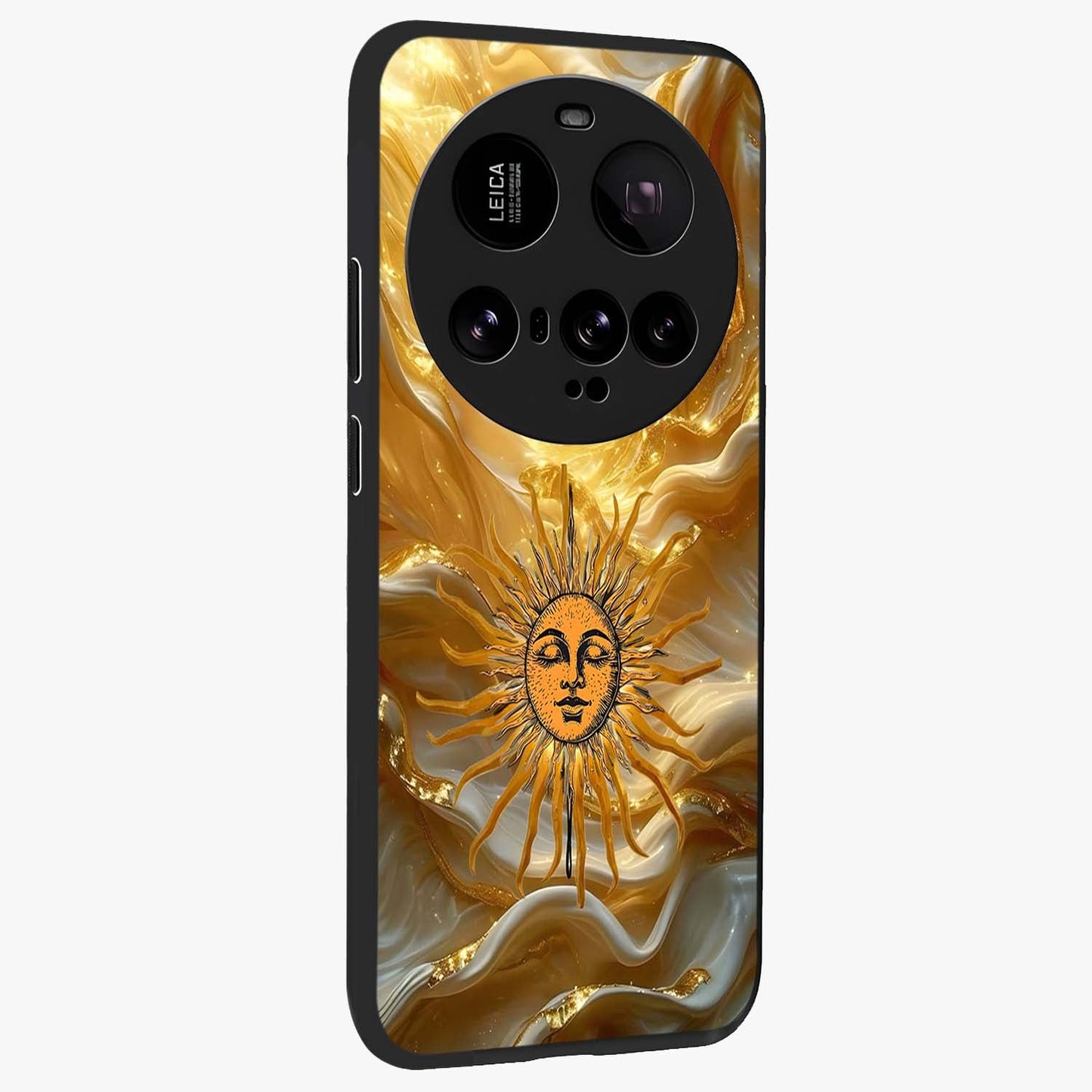 Eternal Golden Glow Glass Case upright view showcasing luminous golden artwork with luxurious visual theme.