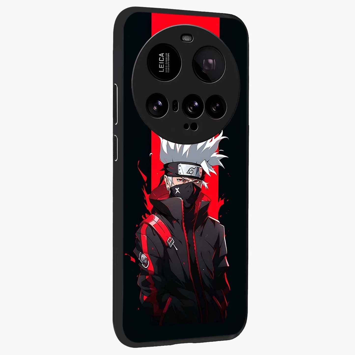Kakashi Scarlet Shadow Glass Case upright view showcasing intense anime ninja artwork with dark action theme.