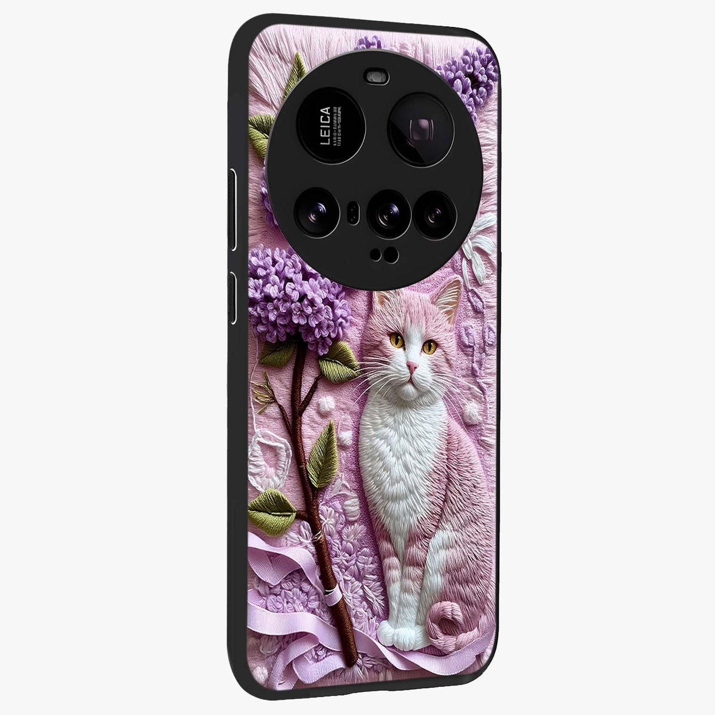 Lavender Cat Whimsy Glass Case upright view showcasing charming cat artwork with whimsical lavender theme.