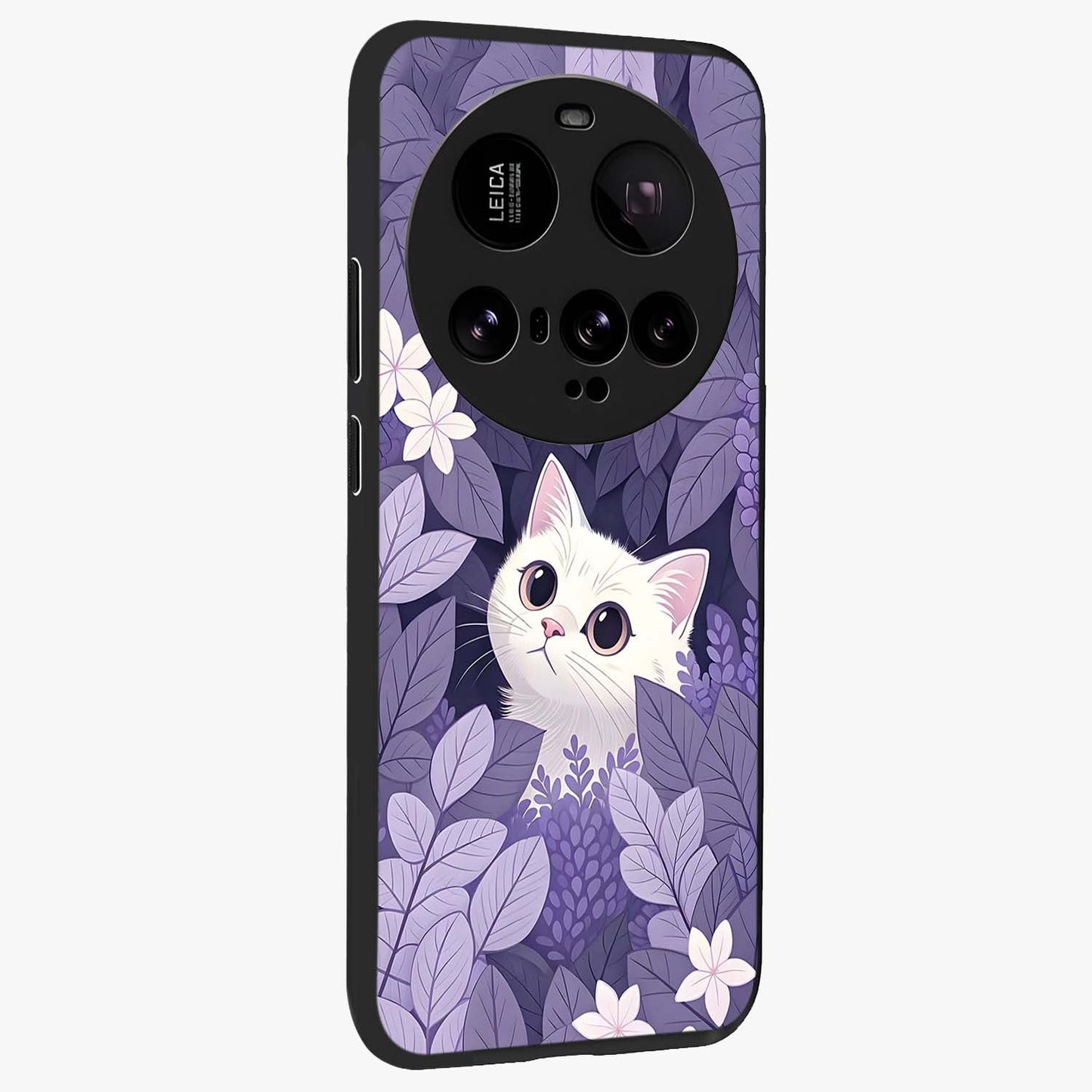 Lilac Hide Peek Cat Glass Case upright view showcasing charming cat artwork with adorable peek theme.