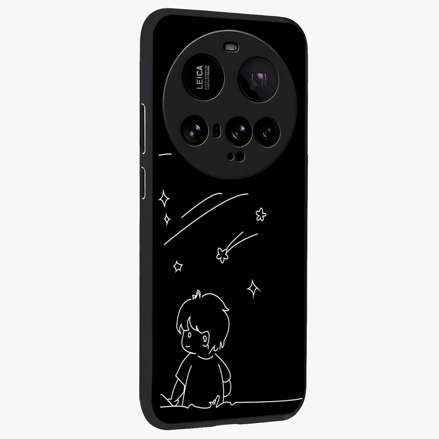 Line Art Boy With Shooting Stars Glass Case upright view showcasing artistic shooting star illustration with minimal style.