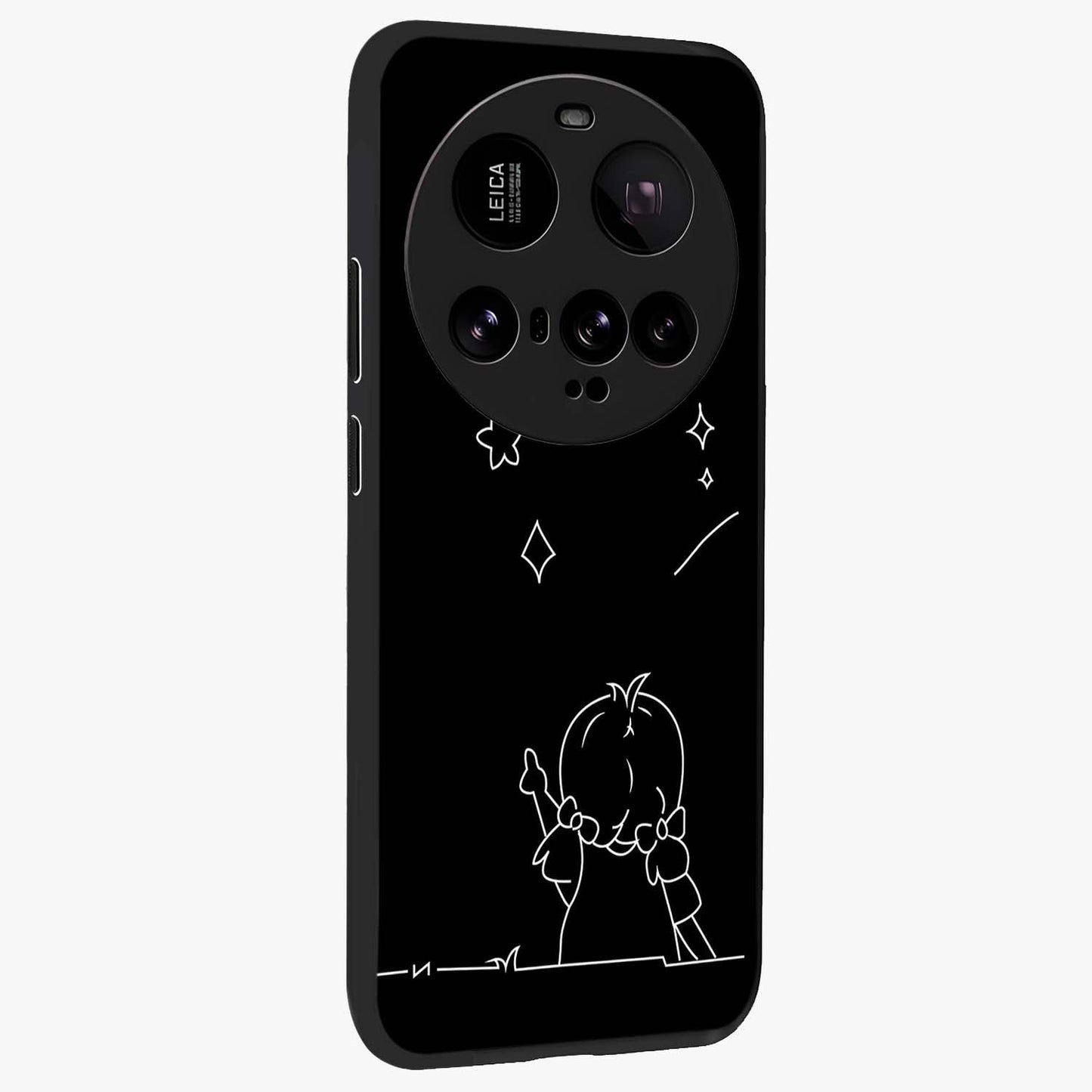 Line Art Girl With Shooting Stars Glass Case upright view showcasing delicate shooting stars artwork with minimal artistic theme.