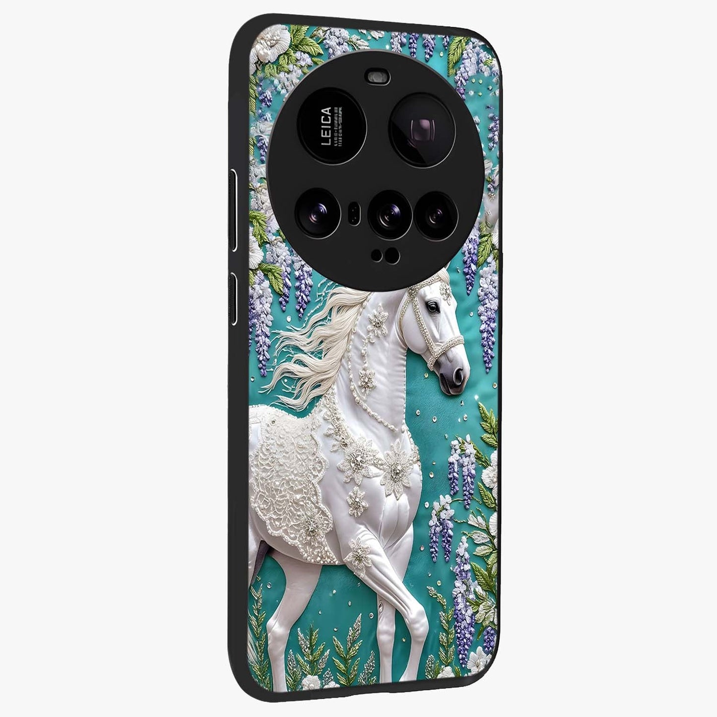 Majestic Floral Stallion Glass Case upright view showcasing dramatic horse artwork with decorative floral theme.