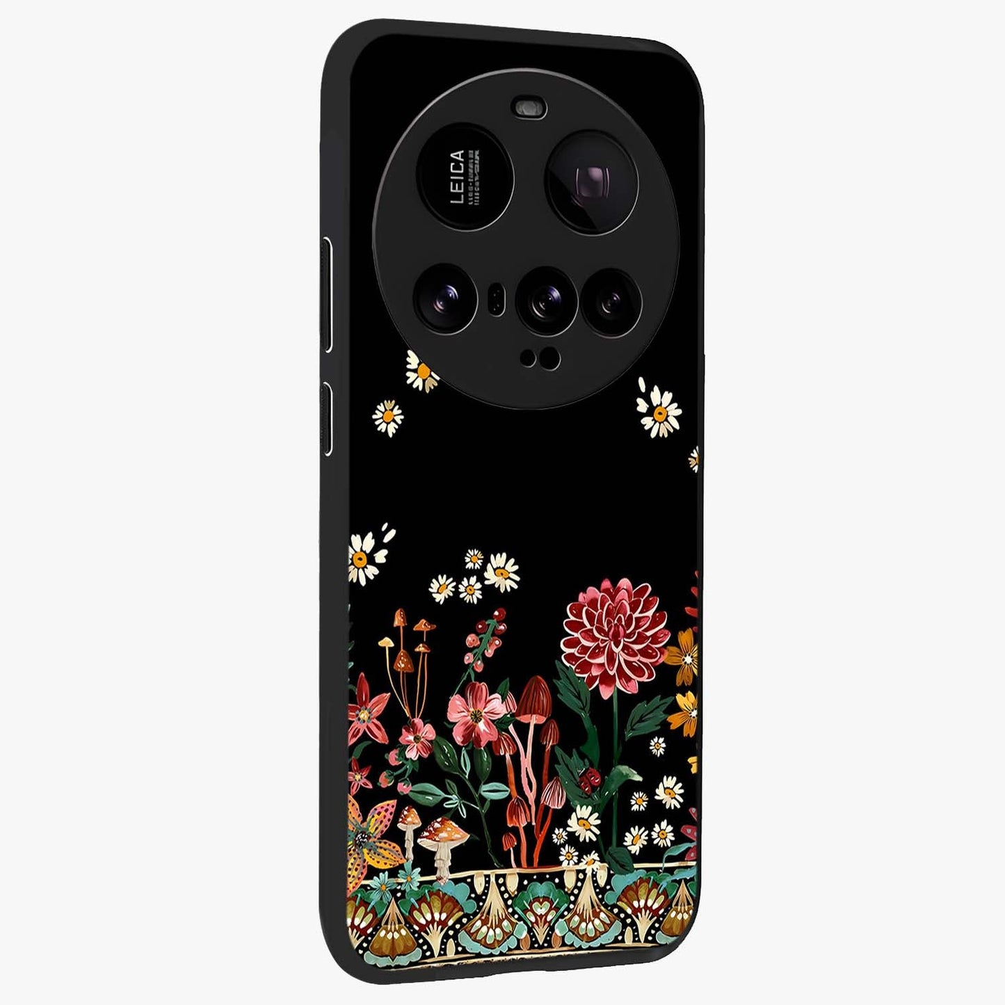 Midnight Bloom Pattern Glass Case upright view showcasing decorative floral artwork with deep night themed palette.