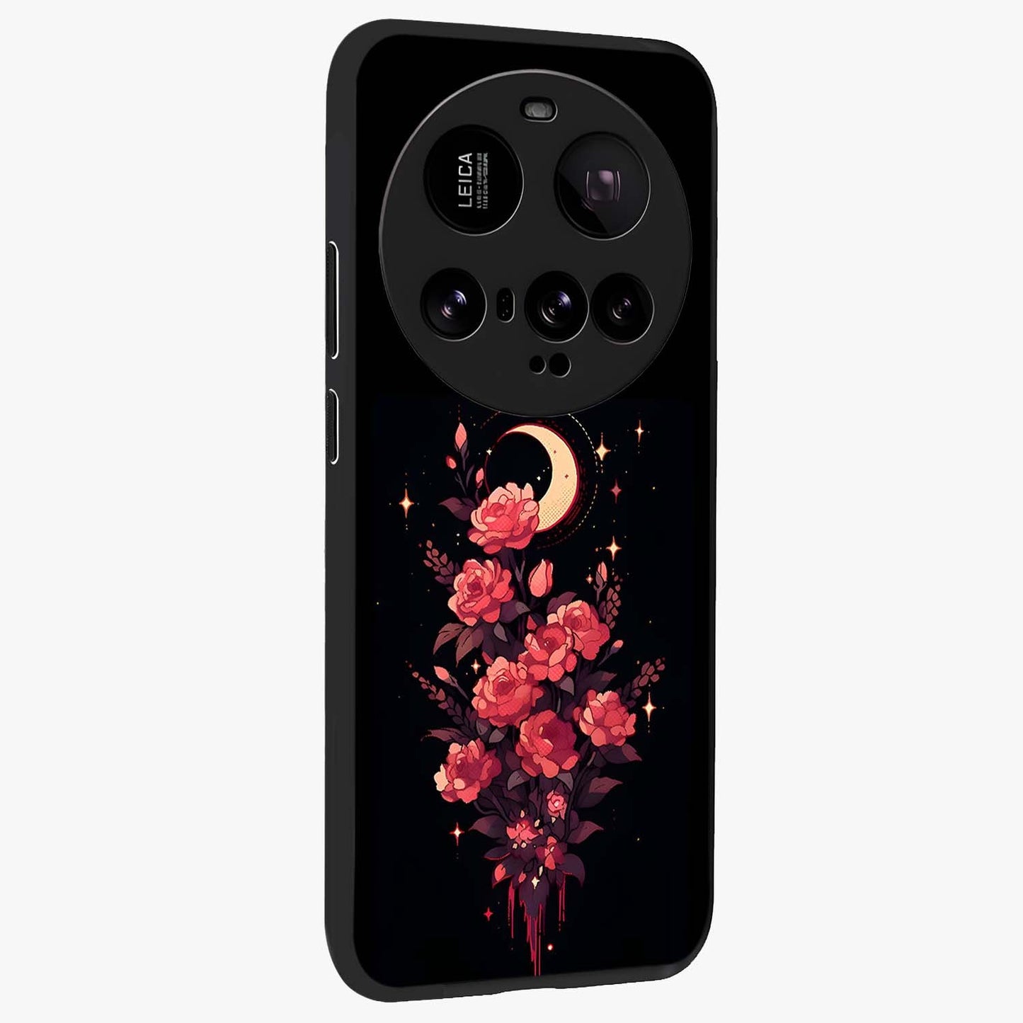 Moonlit Floral Elegance Glass Case upright view showcasing delicate floral artwork with refined night inspired theme.