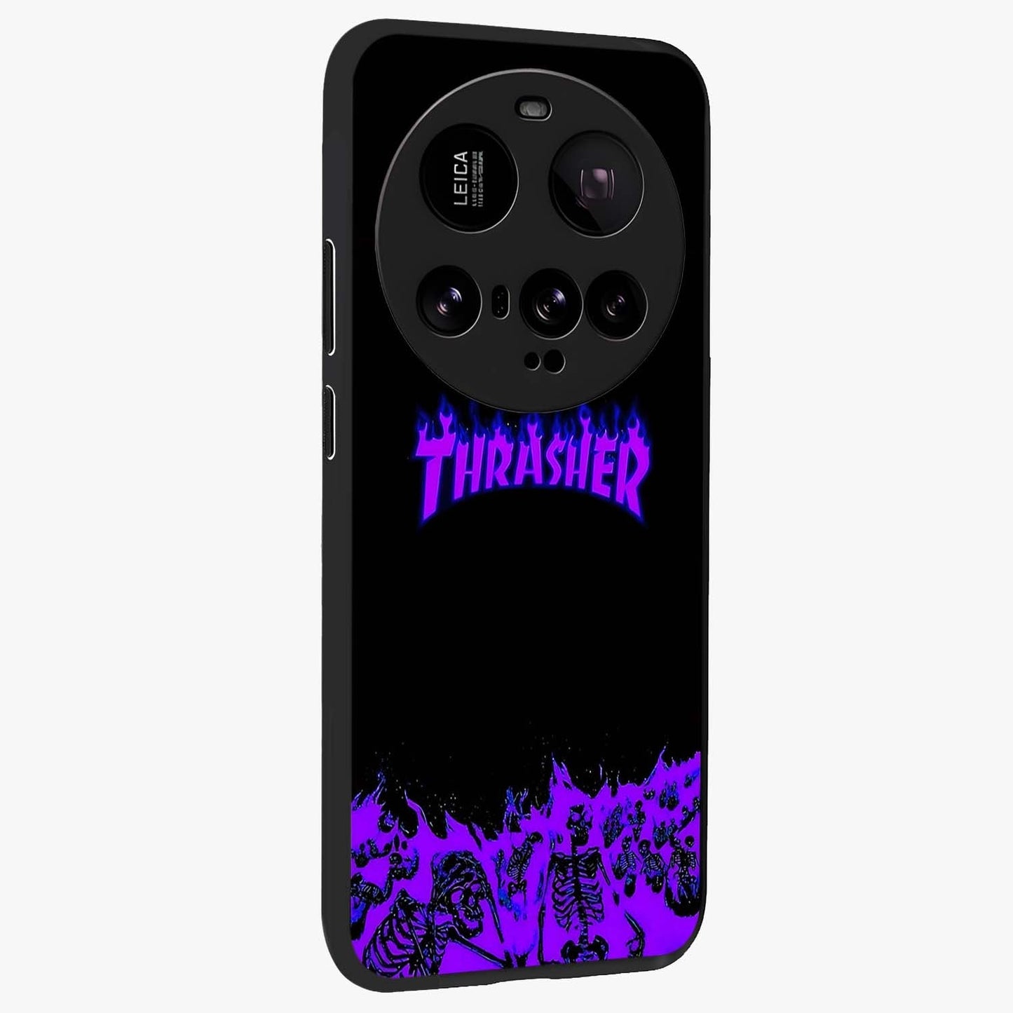 Neon Flame Riot Glass Case upright view showcasing dynamic flame artwork with energetic neon theme.