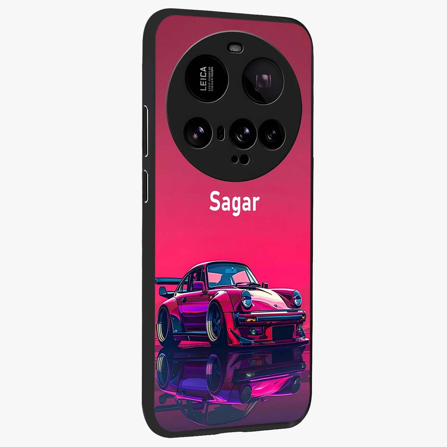 Neon Pink Porsche Glass Case upright view showcasing vibrant sports car artwork with bold automotive theme.