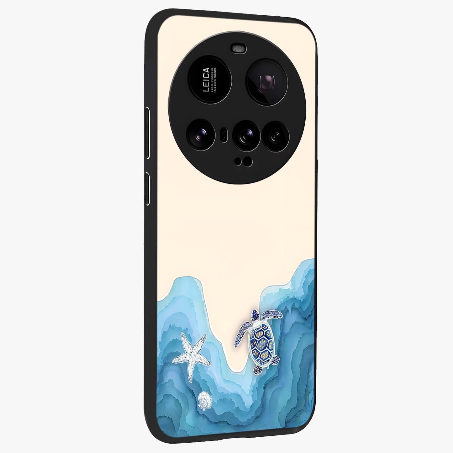 Ocean Drift Turtle Glass Case upright view showcasing calm underwater turtle artwork with nature inspired theme.