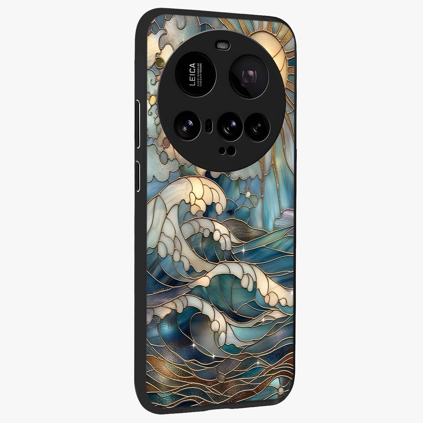 Oceanic Stained Printed Glass Case upright view showcasing decorative ocean pattern artwork with vibrant marine theme.
