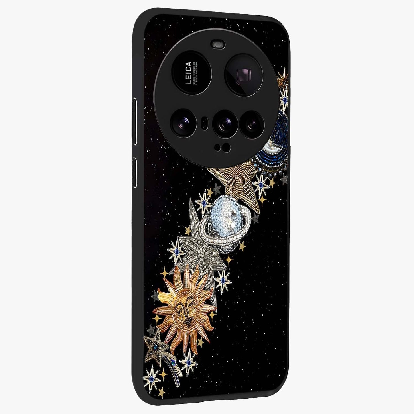 Pearls Universe Object Glass Case upright view showcasing decorative pearl themed artwork with cosmic elegance.