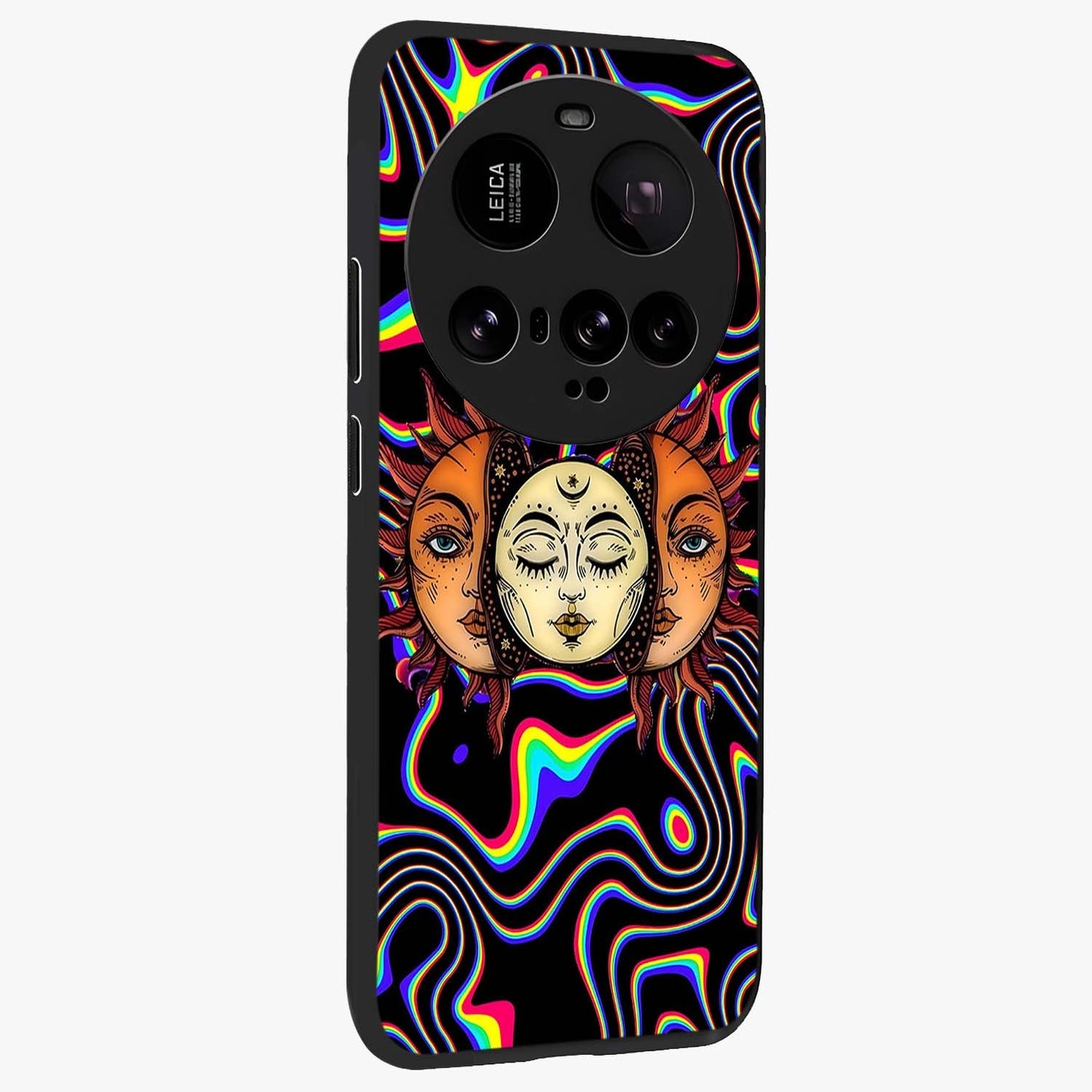 Psychedelic Sun Glass Case upright view showcasing trippy sun artwork with bold psychedelic theme.