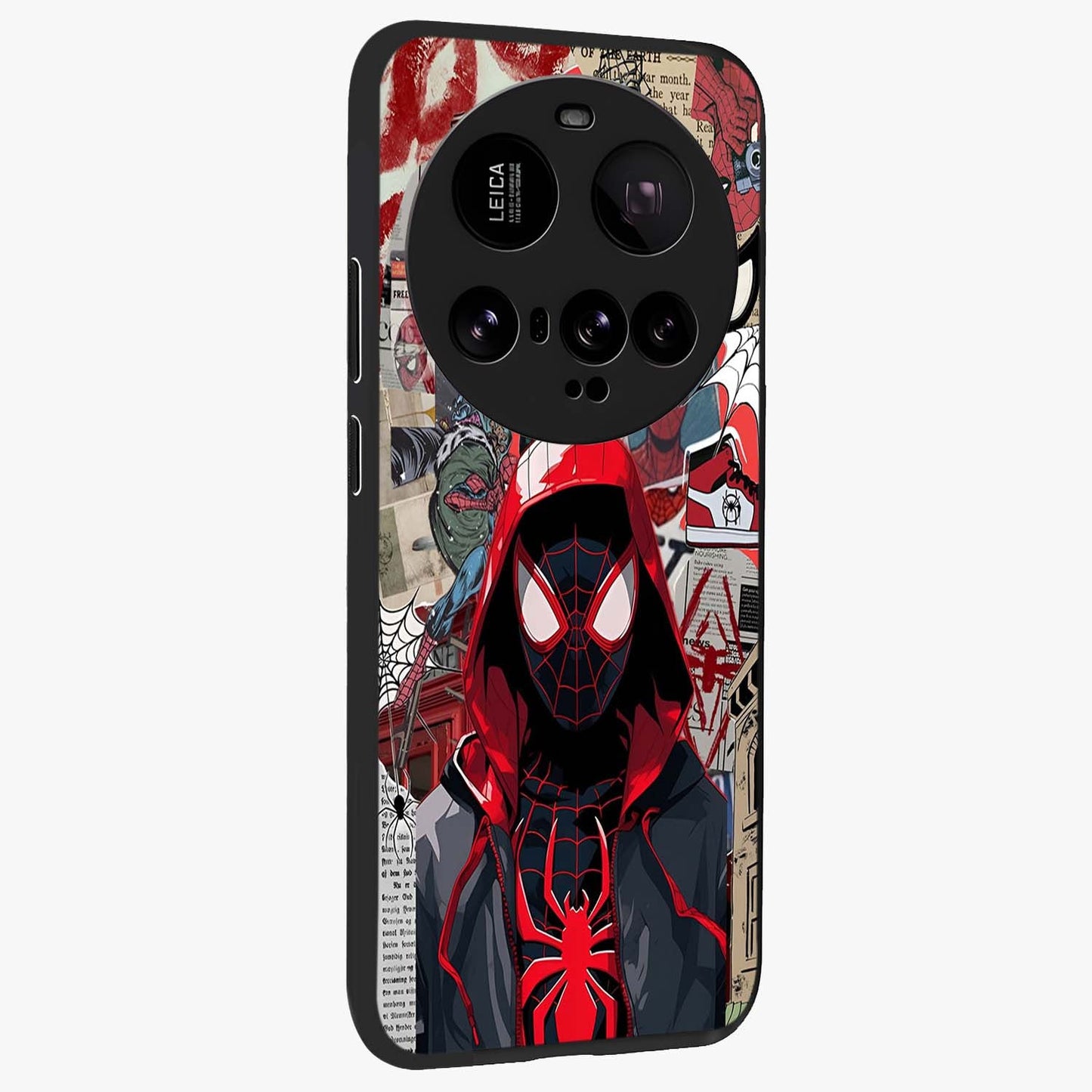 Spider Collage Street Glass Case upright view showcasing bold superhero artwork with urban street theme.