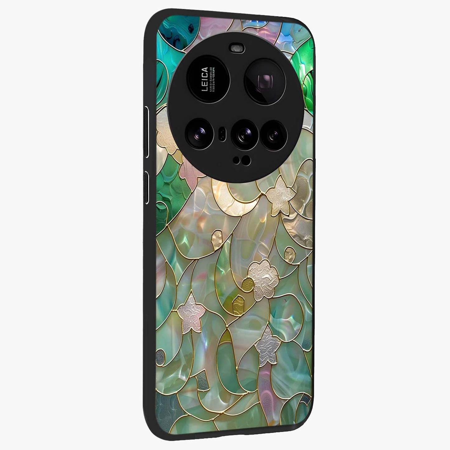 Stained Sunrise Glow Glass Case upright view showcasing colorful sunrise artwork with warm morning theme.
