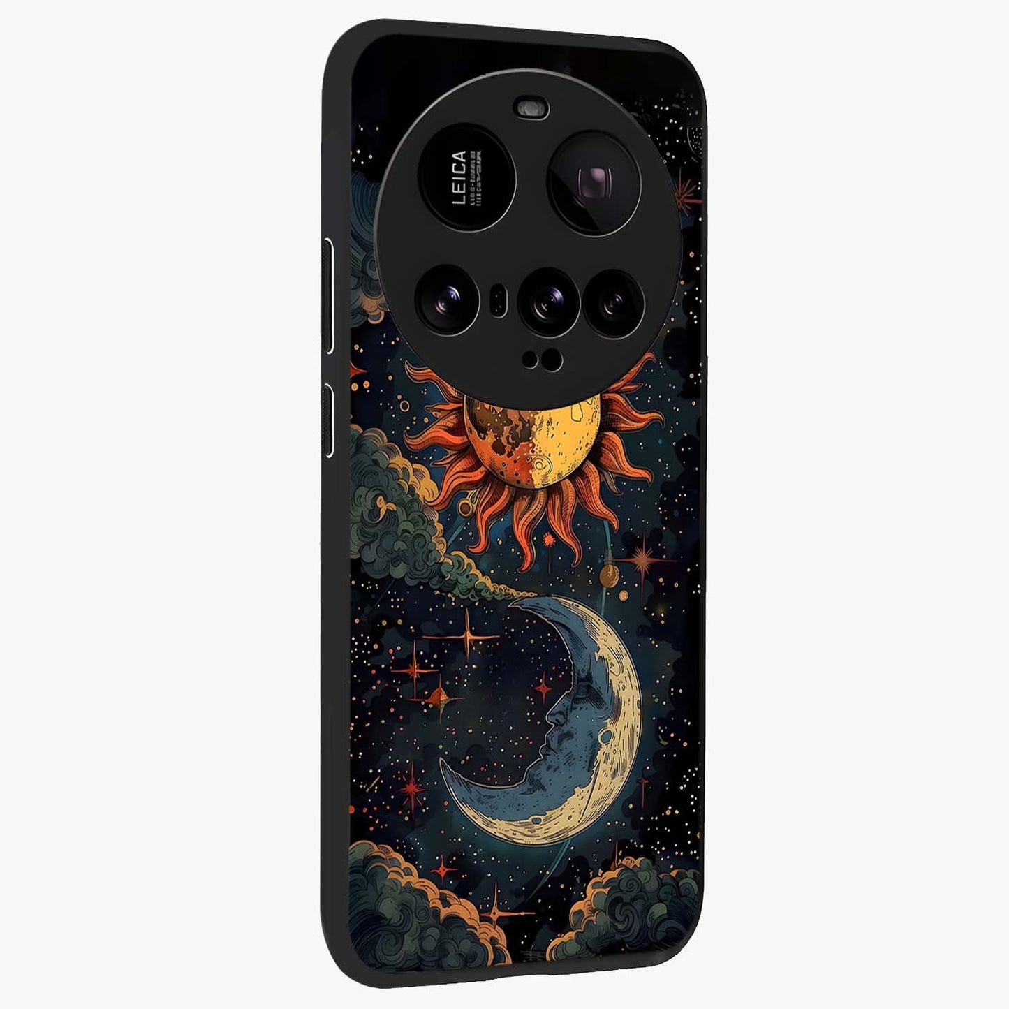 Sun And Moon Magic Design Glass Case upright view showcasing decorative sun and moon artwork with spiritual celestial theme.