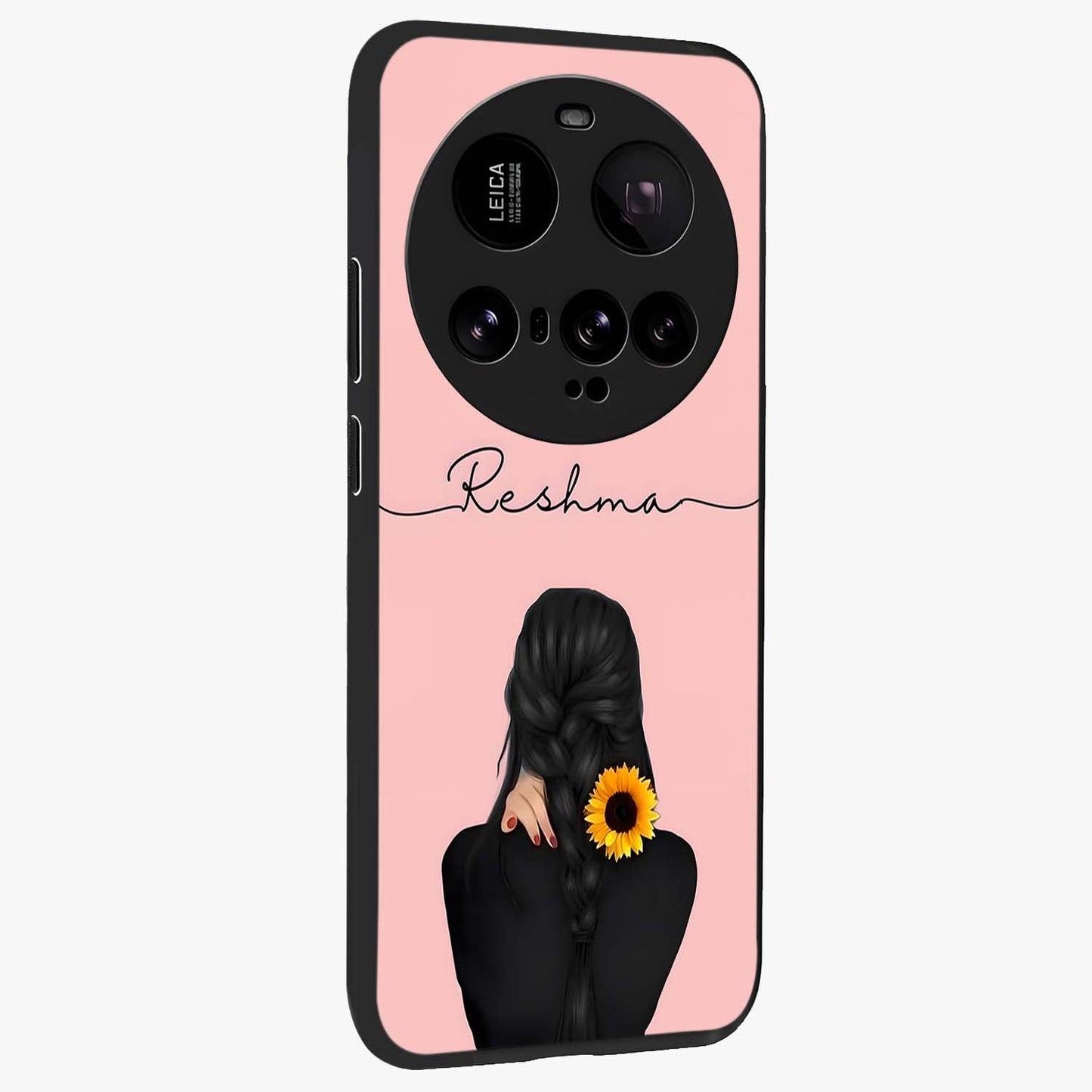 Sunflower Braid Beauty With Custom Name Glass Case upright view showcasing bright sunflower artwork with personalized floral aesthetic.