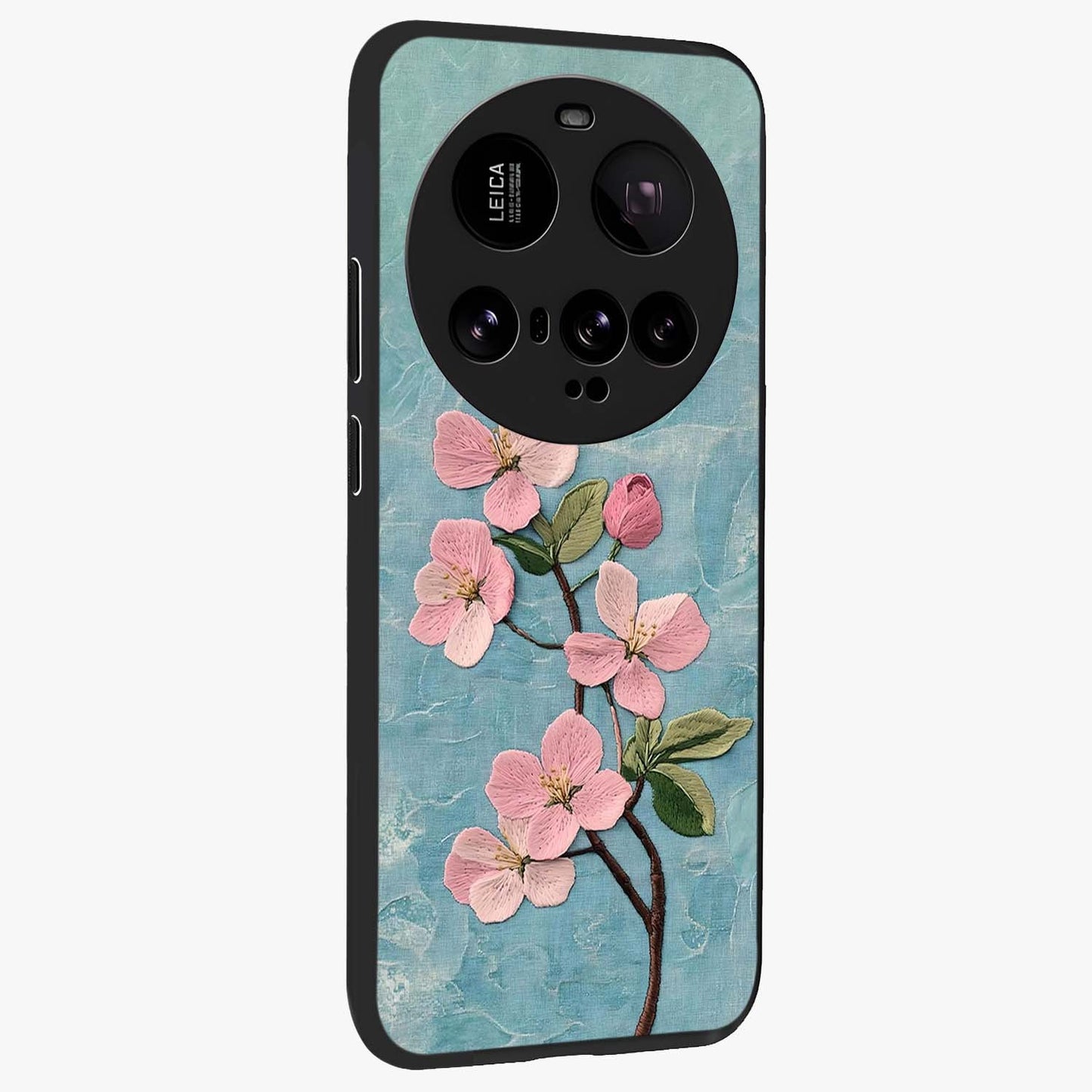 Threaded Blossom Breeze Glass Case upright view showcasing graceful flower artwork with calm botanical theme.