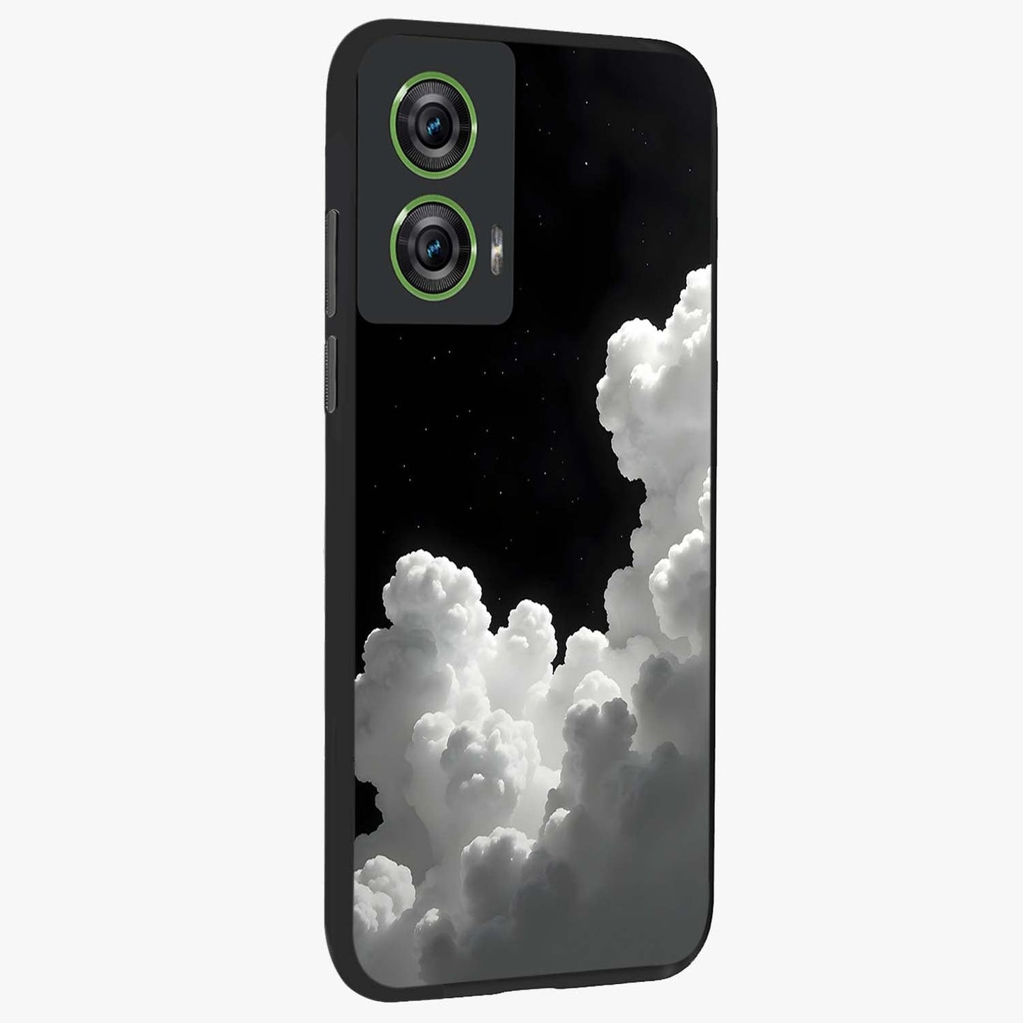 Black Background With White Cloud Glass Case upright view showcasing calm cloud aesthetic with modern minimal style.