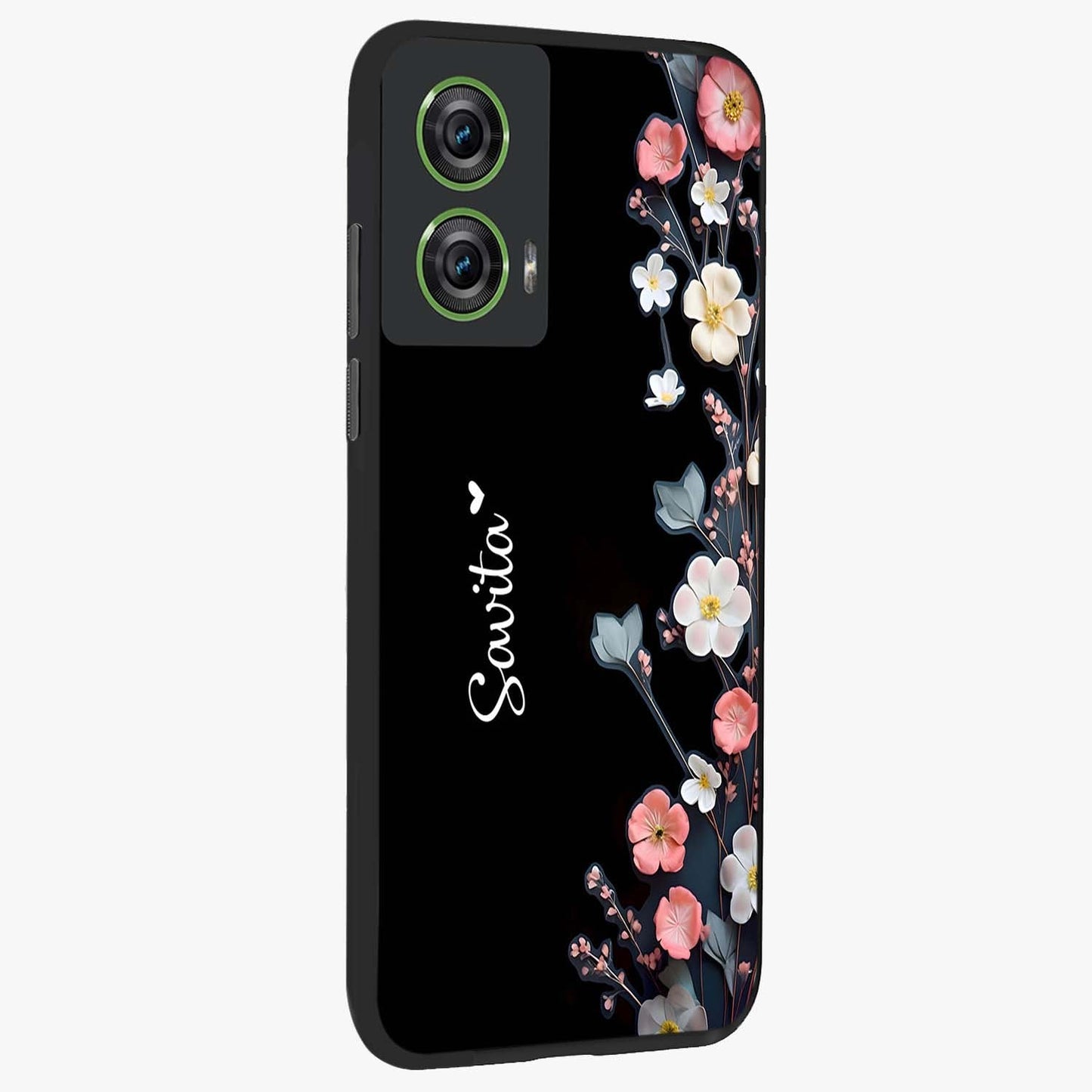 Black Elegance Floral Custom Name Glass Case upright view showcasing luxurious black floral design with personalized name detail.