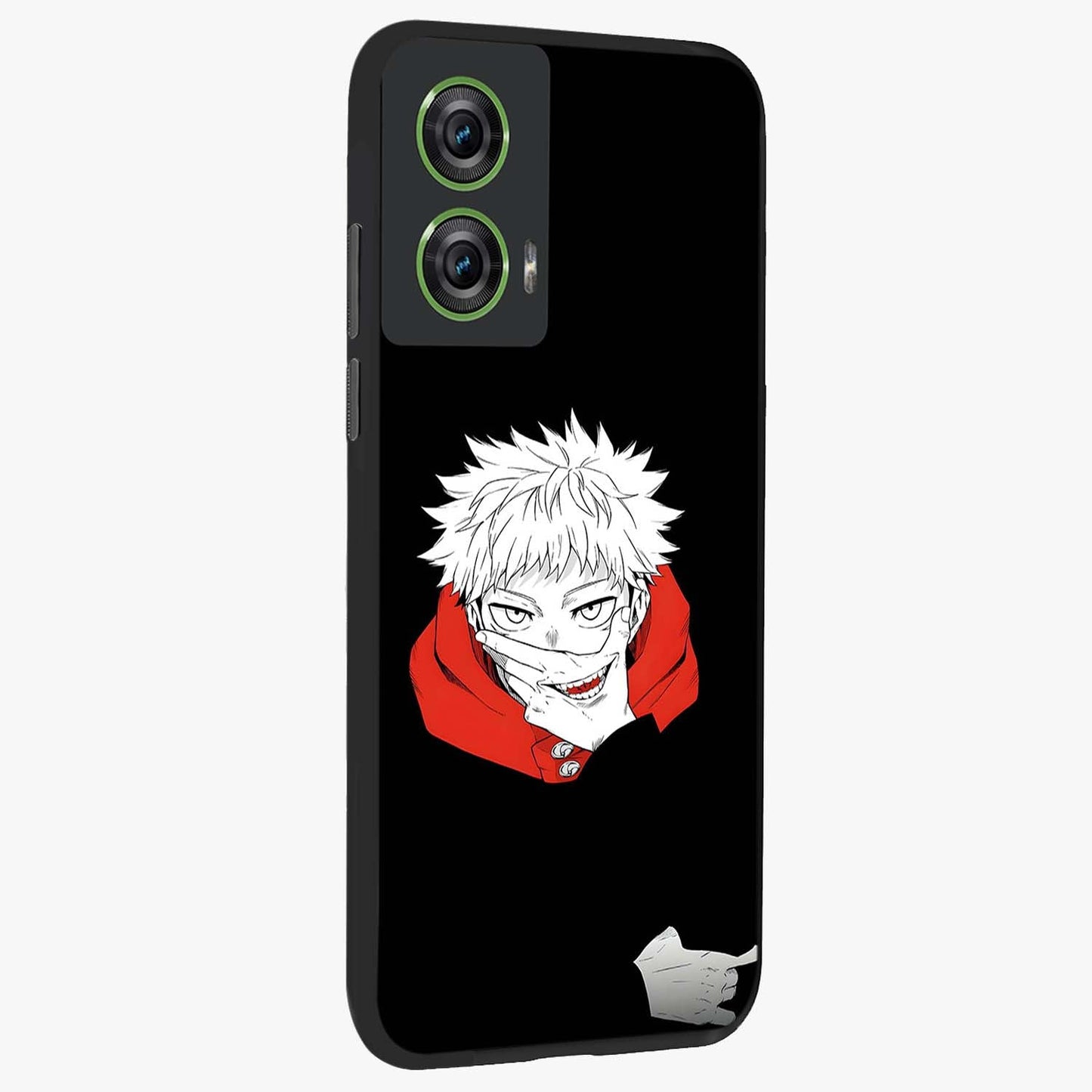 Crimson Chaos Smile Glass Case upright view showcasing expressive chaotic artwork with striking visual theme.