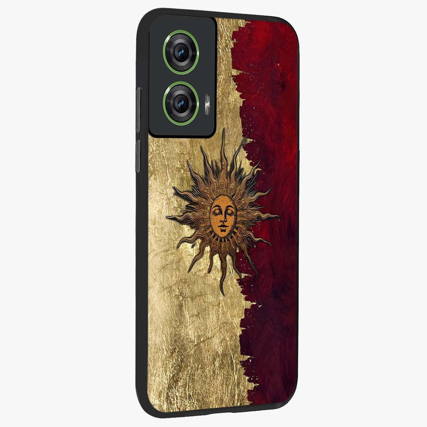 Crimson Sun Majesty Glass Case upright view showcasing vibrant sun artwork with powerful celestial theme.