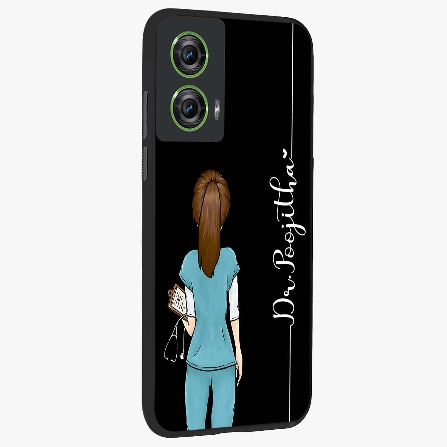 Doctor Pattern Custom Name Glass Case upright view showcasing healthcare themed design with personalized aesthetic.
