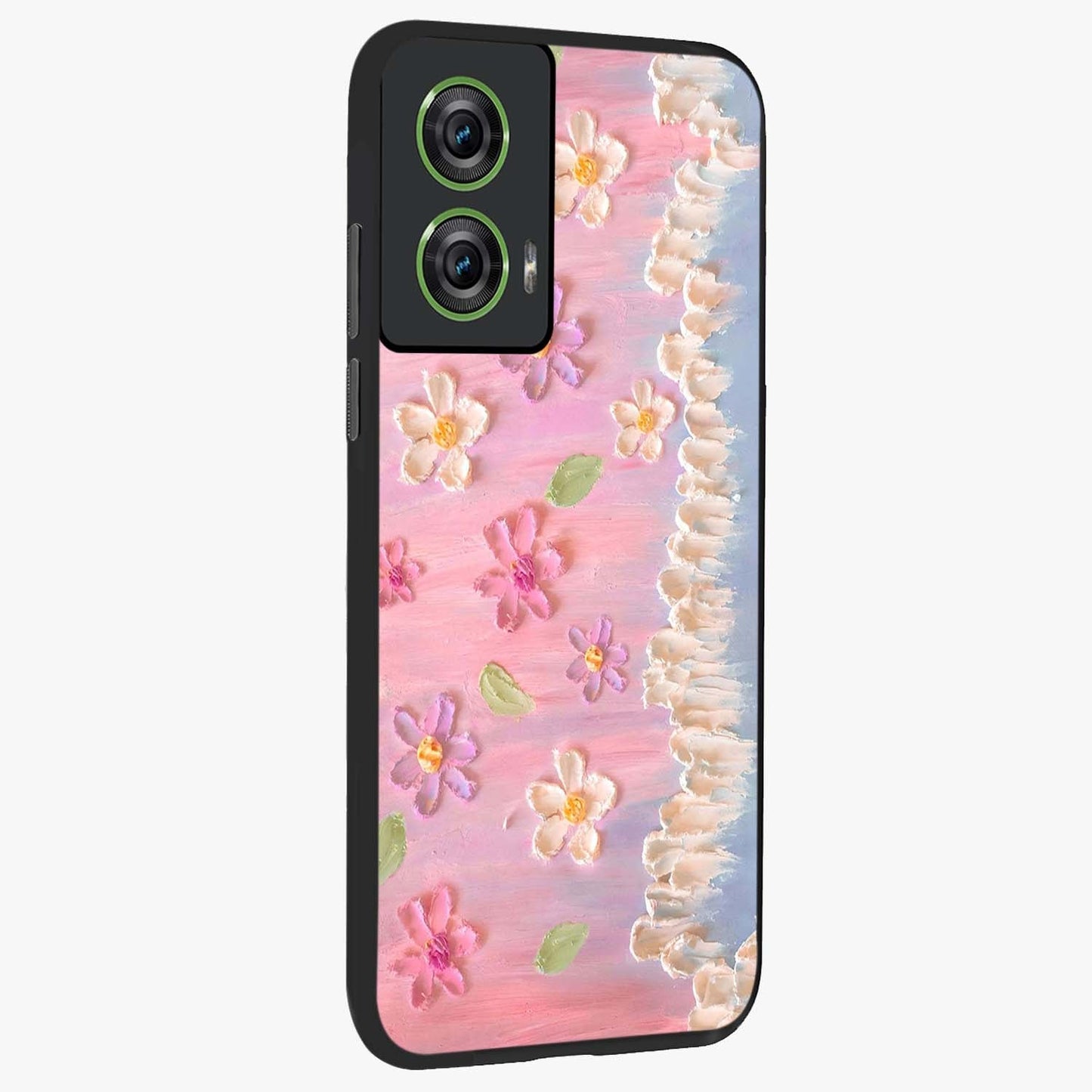 Dreamy Painted Garden Glass Case upright view showcasing vibrant floral garden artwork with artistic nature theme.