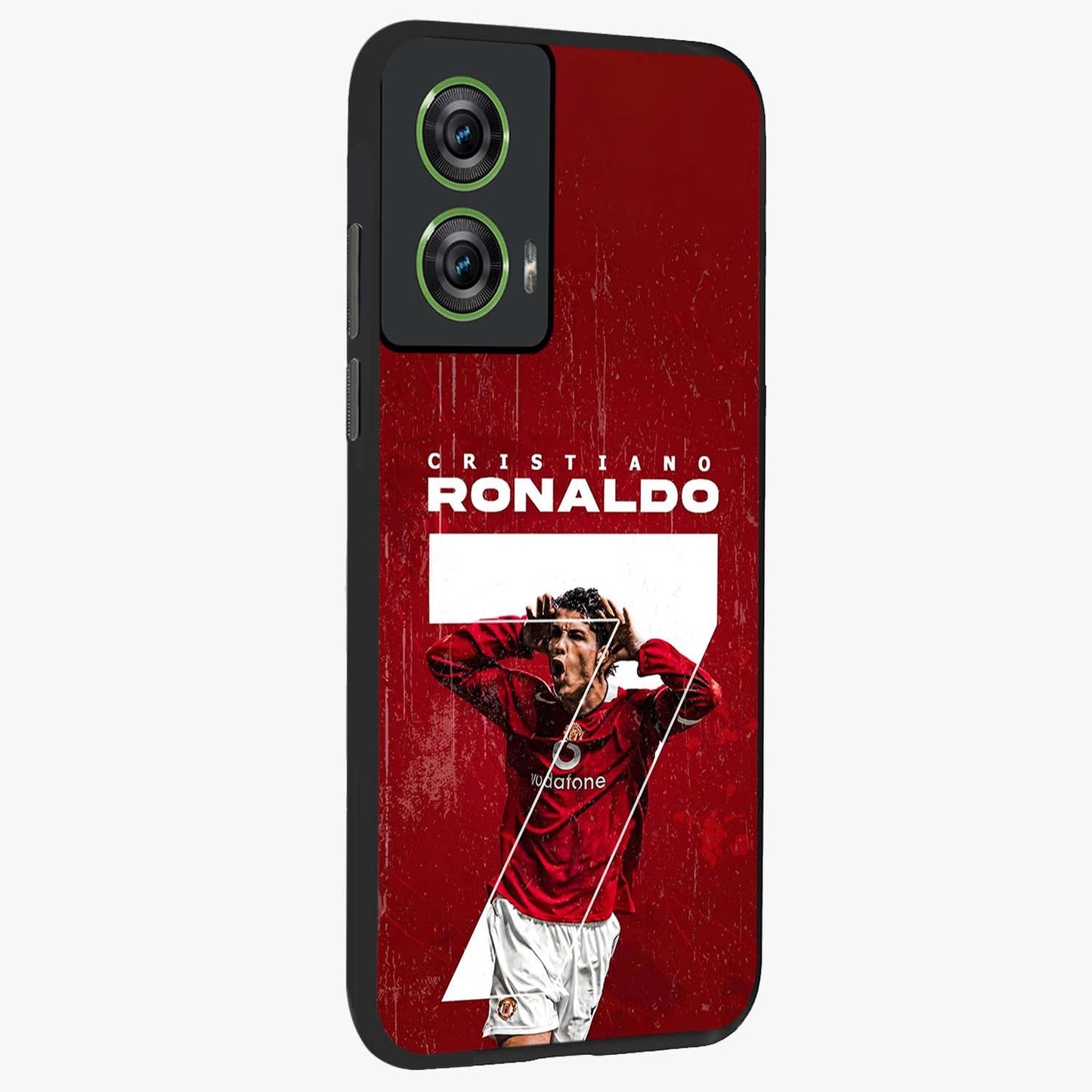 Goal Celebration Legacy Glass Case upright view showcasing dynamic football inspired artwork with victory celebration aesthetic.