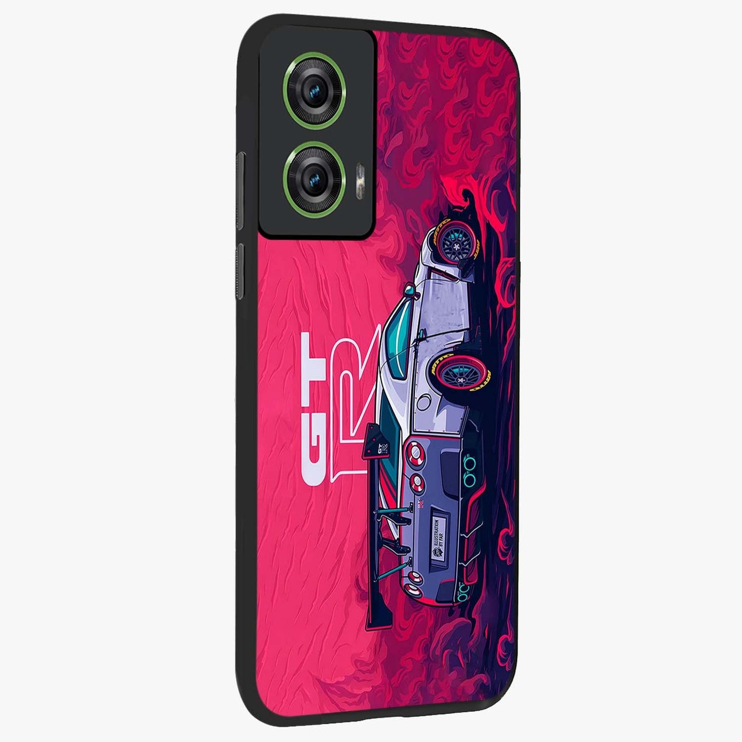 GT-R Car Pattern Glass Case upright view showcasing dynamic car pattern artwork with modern sports theme.
