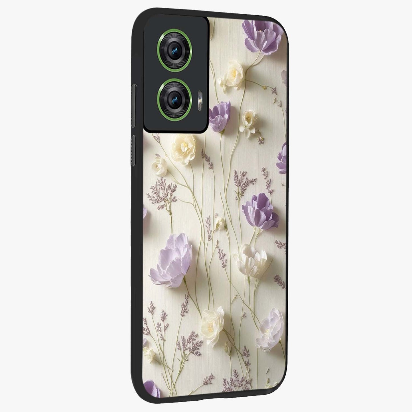 Lilac Breeze Harmony Glass Case upright view showcasing delicate lilac artwork with peaceful floral theme.