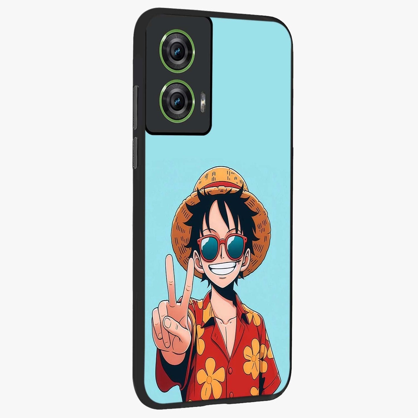 Luffy Summer Anime Vibe Glass Case upright view showcasing dynamic anime artwork with bright adventurous theme.