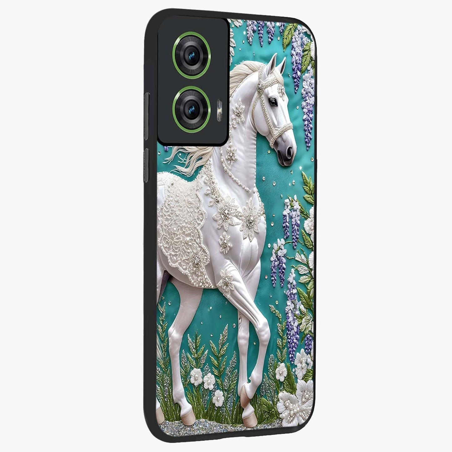 Majestic Floral Stallion Glass Case upright view showcasing dramatic horse artwork with decorative floral theme.