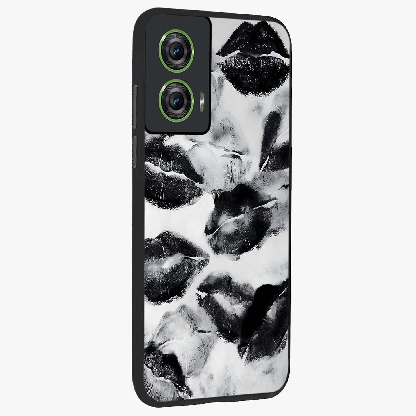 Midnight Kiss Marks Glass Case upright view showcasing stylish kiss mark artwork with trendy romantic theme.