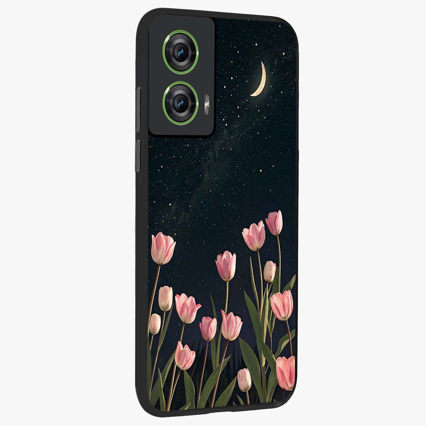 Midnight Tulip Whispers Vibe Glass Case upright view showcasing graceful tulip artwork with calm botanical theme.