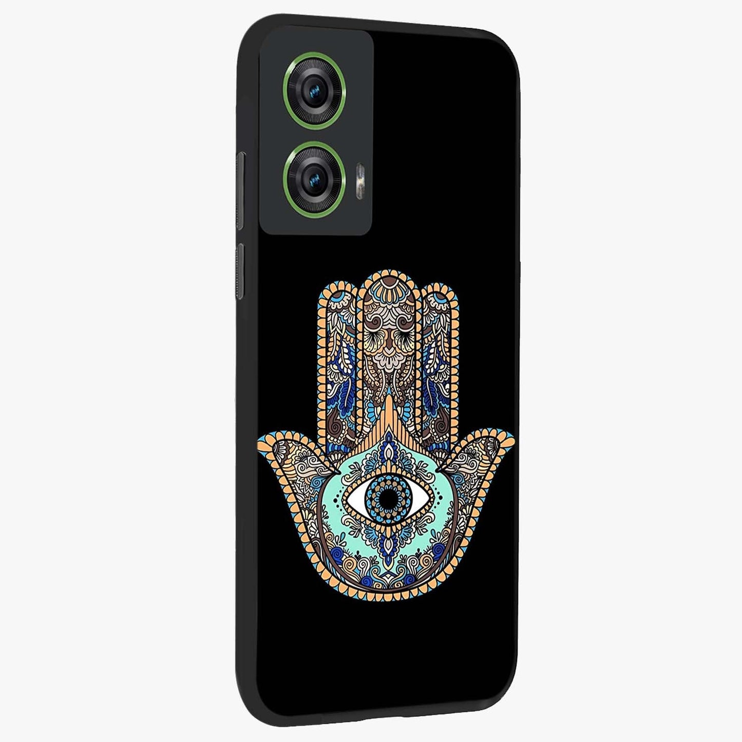 Mystic Hamsa Eye Glass Case upright view showcasing detailed hamsa eye artwork with protective spiritual theme.