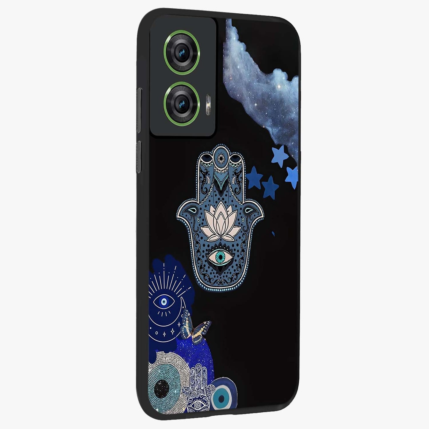 Mystic Hand Aura Glass Case upright view showcasing symbolic hand artwork with mystical energy theme.