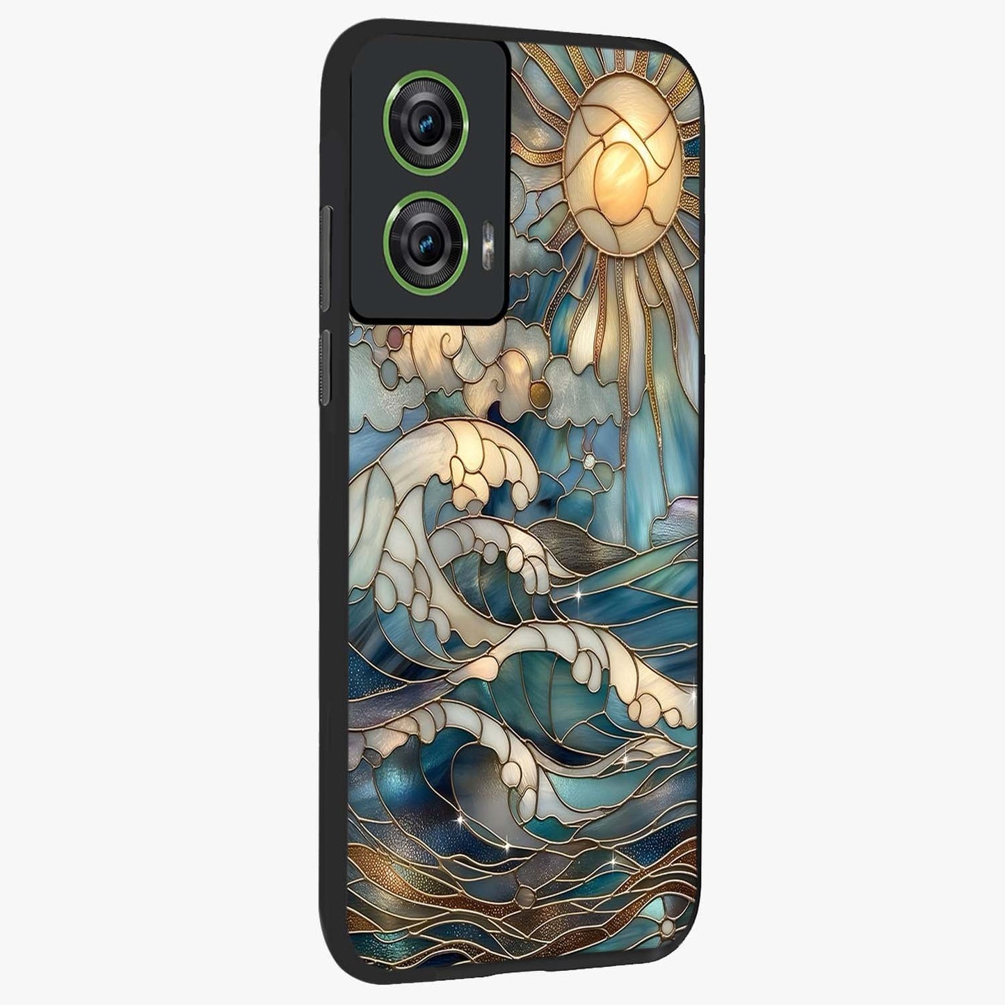Oceanic Stained Printed Glass Case upright view showcasing decorative ocean pattern artwork with vibrant marine theme.