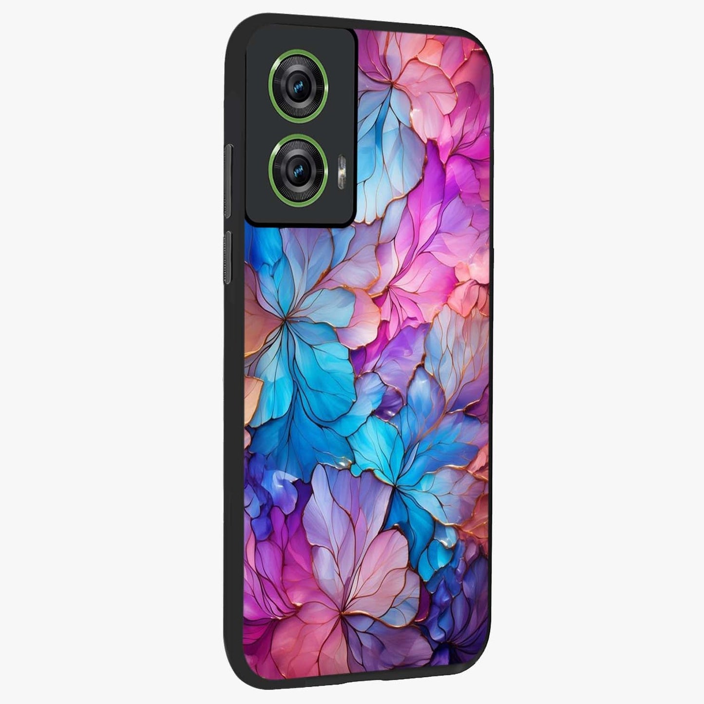 Radiant Floral Whirl Glass Case upright view showcasing lively floral artwork with decorative swirl theme.