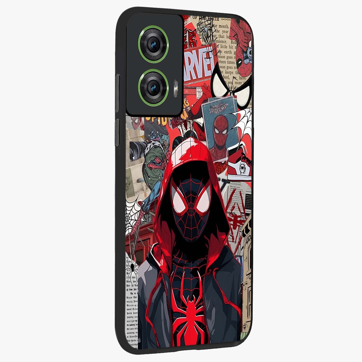 Spider Collage Street Glass Case upright view showcasing bold superhero artwork with urban street theme.