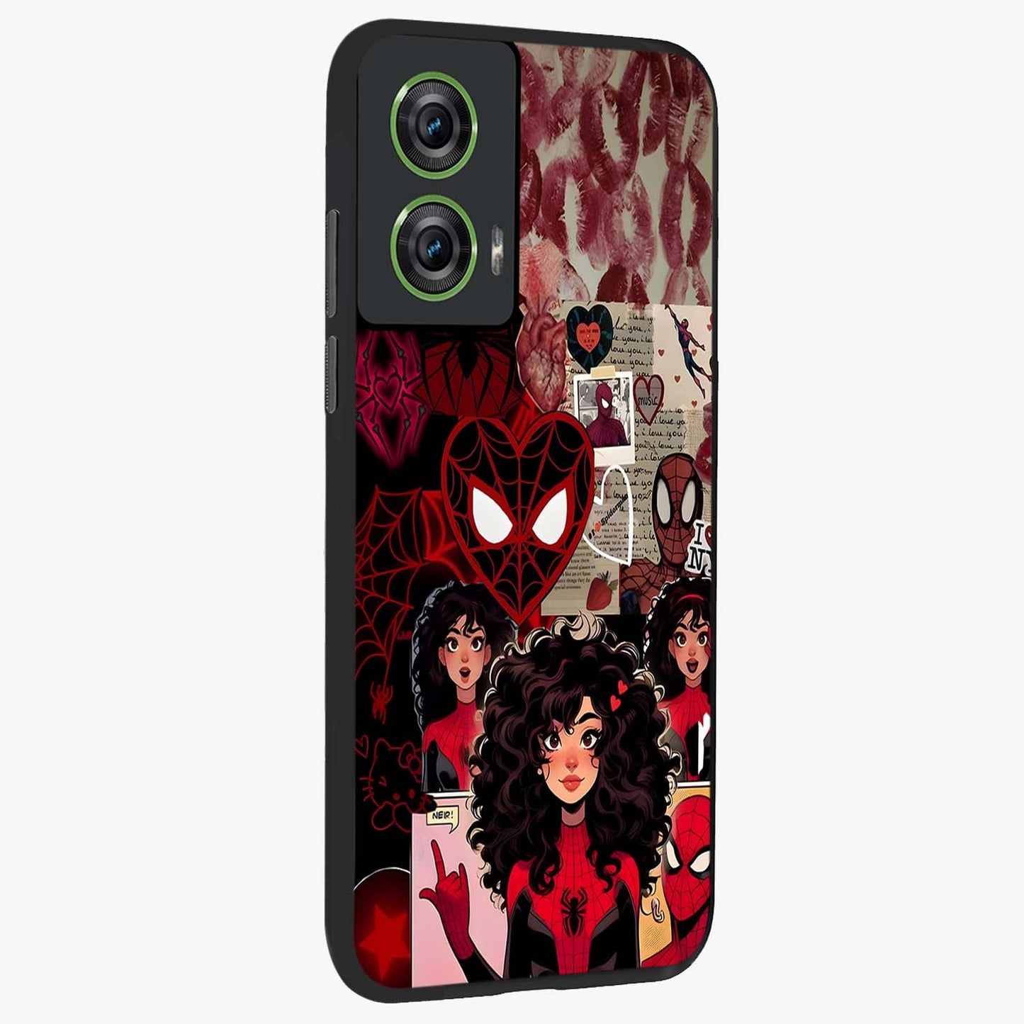 Spider Love Story Glass Case upright view showcasing charming superhero artwork with romantic comic theme.