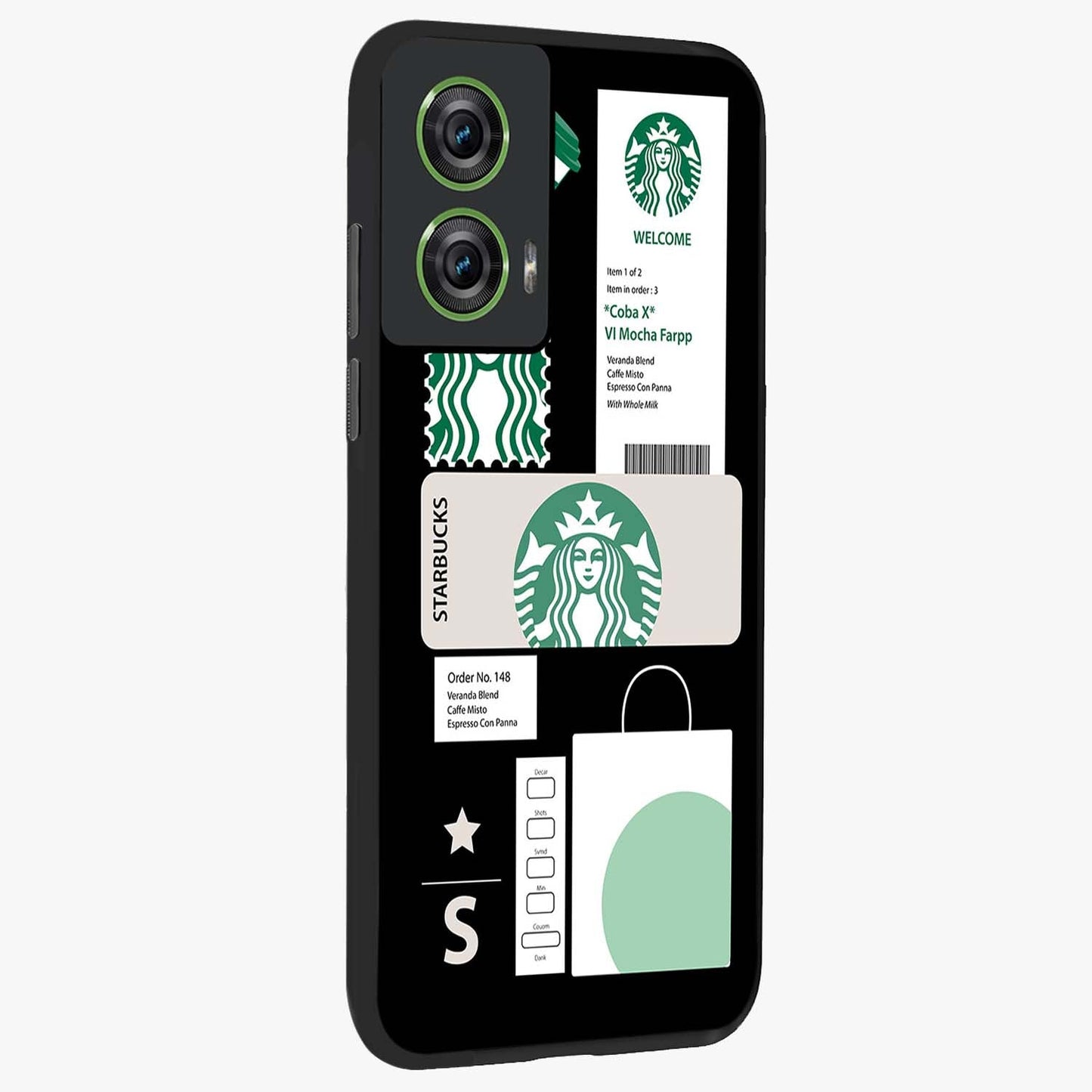 Starbucks Mocha Glass Case upright view showcasing trendy coffee inspired artwork with modern lifestyle theme.