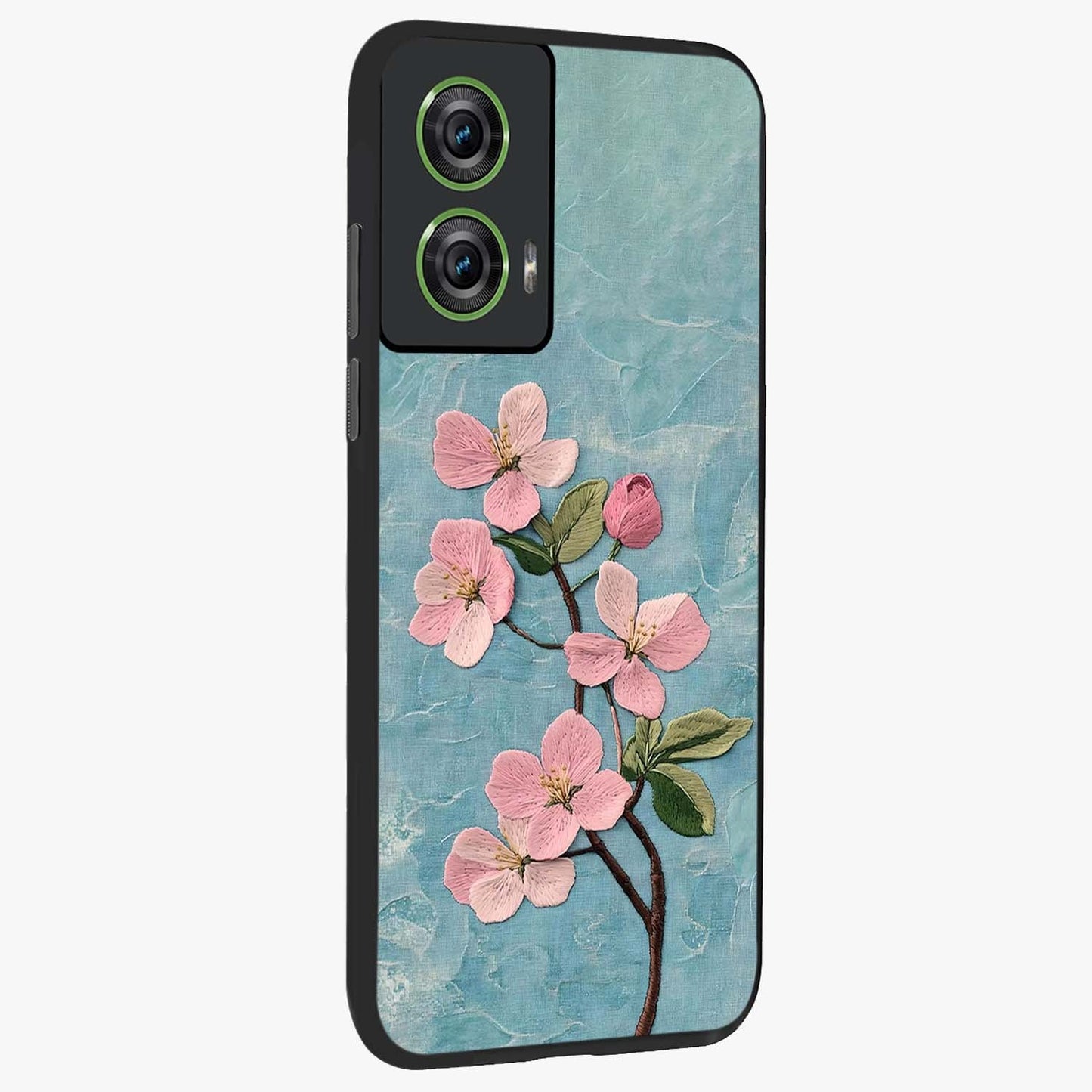 Threaded Blossom Breeze Glass Case upright view showcasing graceful flower artwork with calm botanical theme.