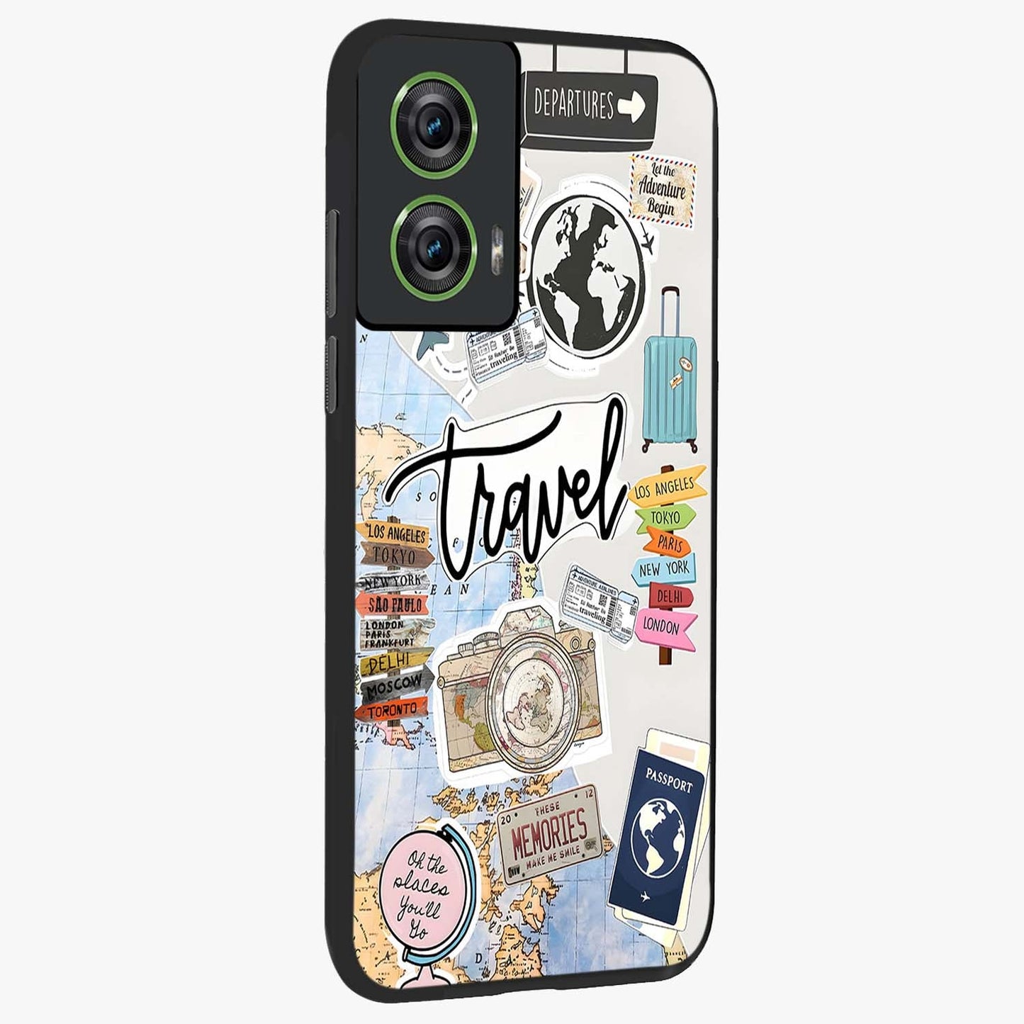 Wanderlust Journal Glass Case upright view showcasing wanderlust inspired artwork with creative exploration theme.