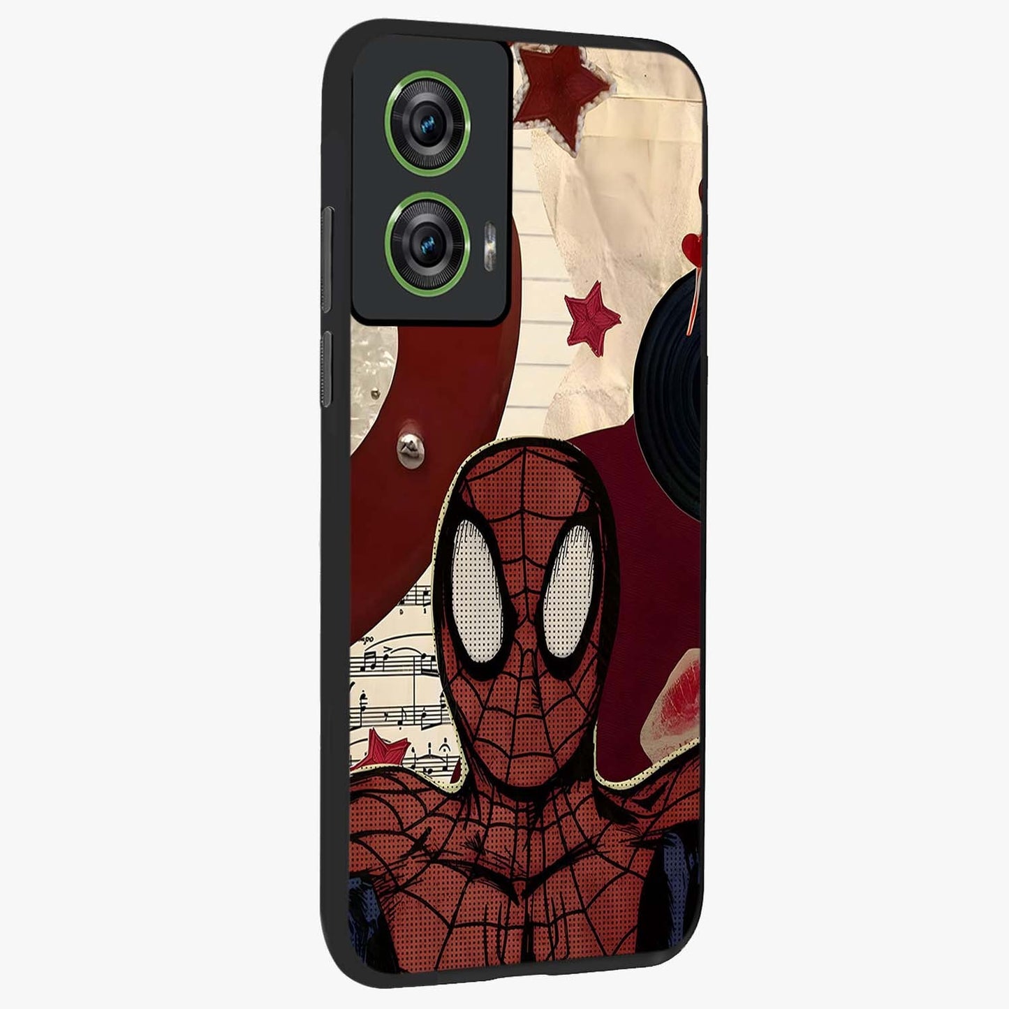 Web Warrior Vibes Glass Case upright view showcasing energetic superhero artwork with bold action theme.