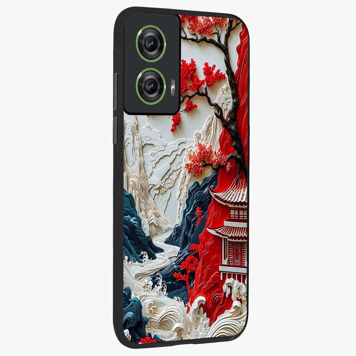 Whispers Of Sakura Waves Glass Case upright view showcasing delicate cherry blossom artwork with elegant nature theme.